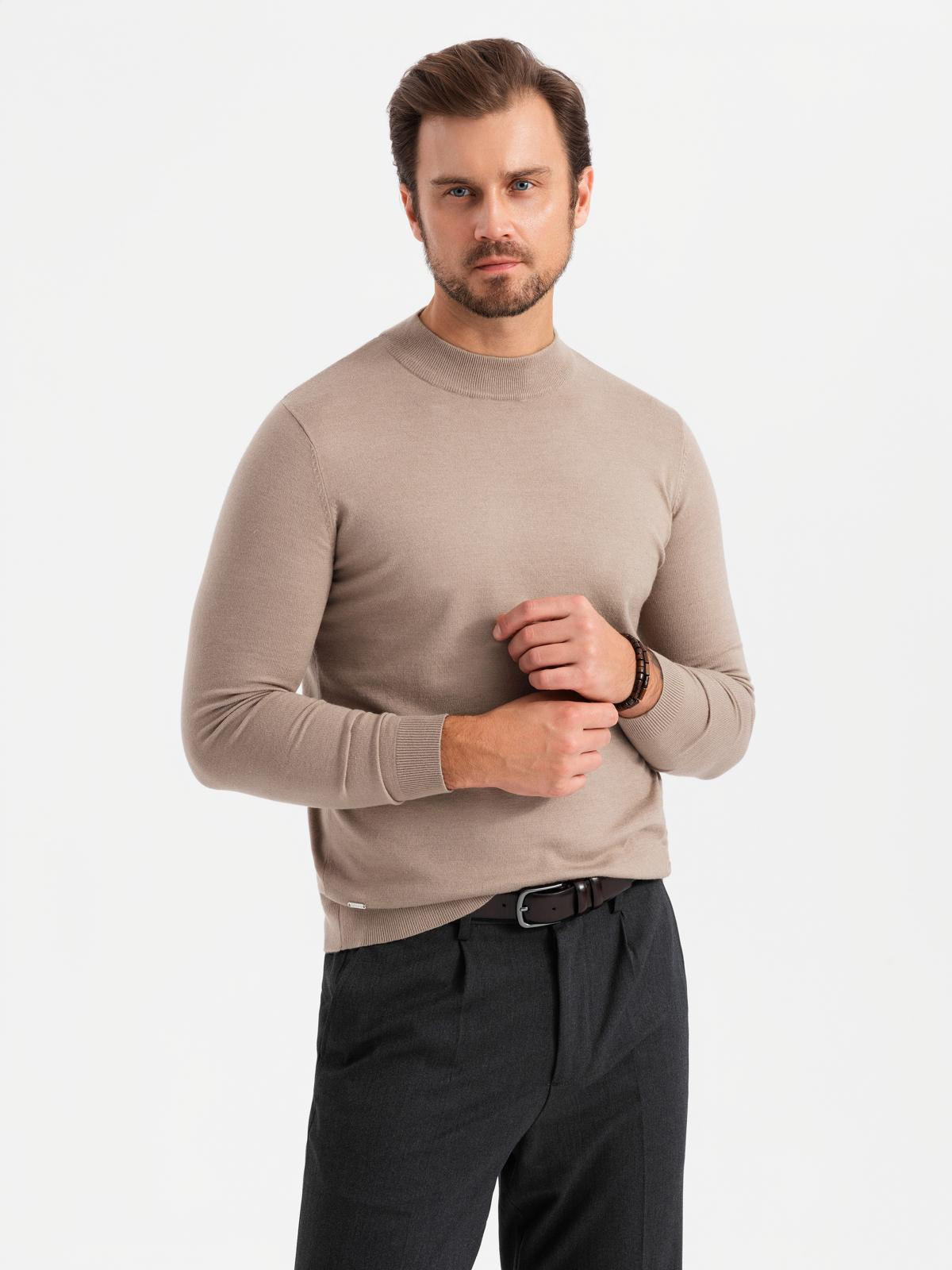 Ombre Men&#039;s knitted half turtleneck with viscose - dark beige