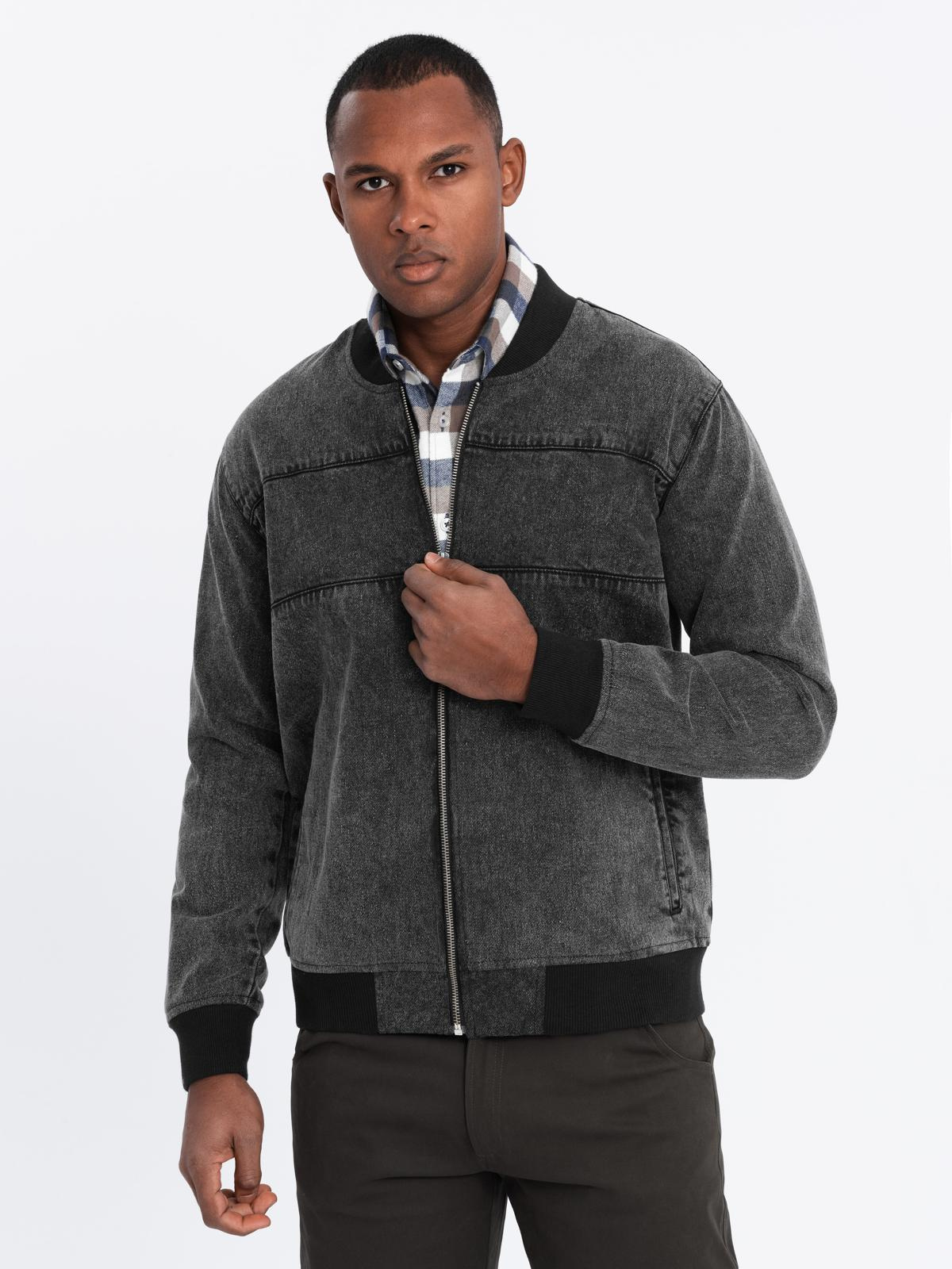 Ombre Men&#039;s denim bomber jacket with stone wash effect - black