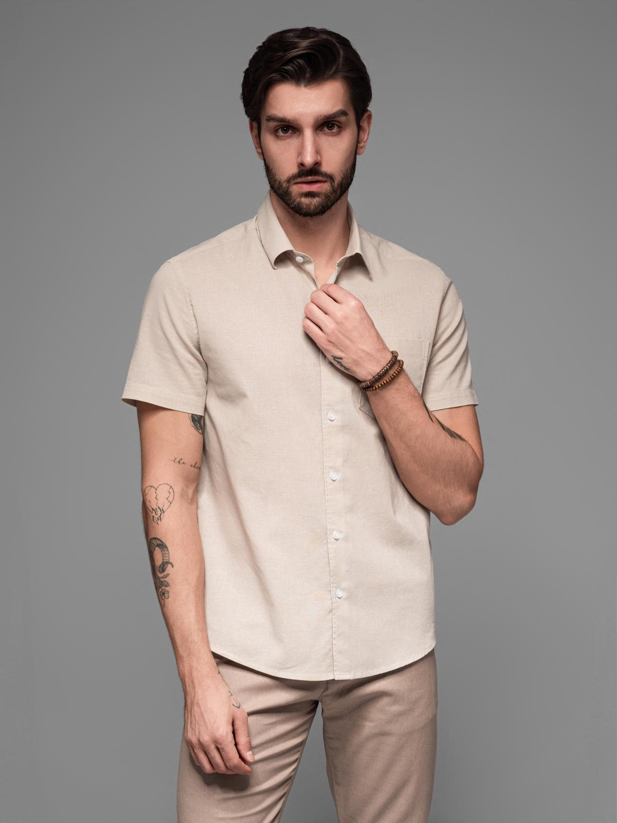Ombre Men&#039;s short-sleeved linen-cotton shirt with pocket - beige