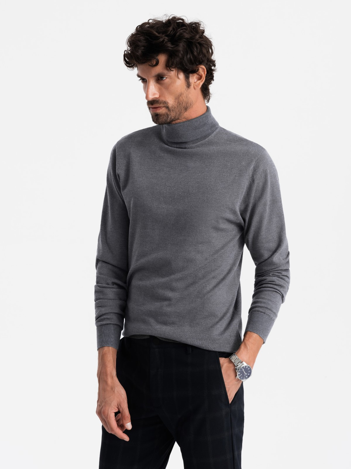 Ombre One color men&#039;s knitted turtleneck with viscose - grey melange