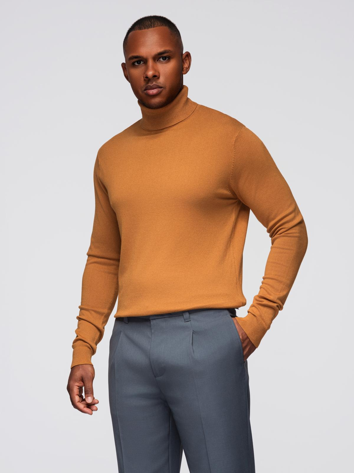 Ombre Men&#039;s knitted single-color turtleneck with viscose - camel