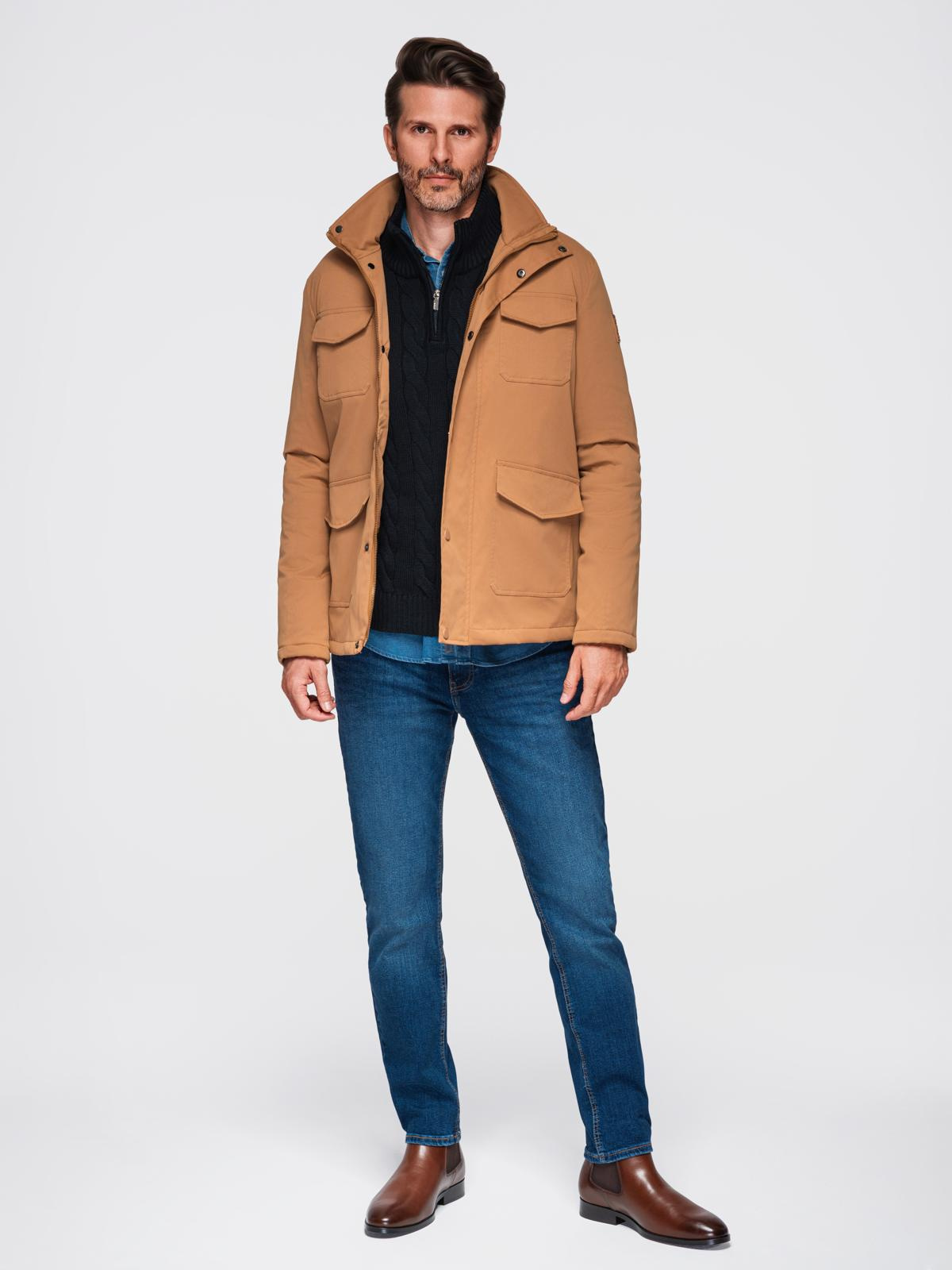 Ombre Men&#039;s lightweight jacket with pockets and high collar - brown