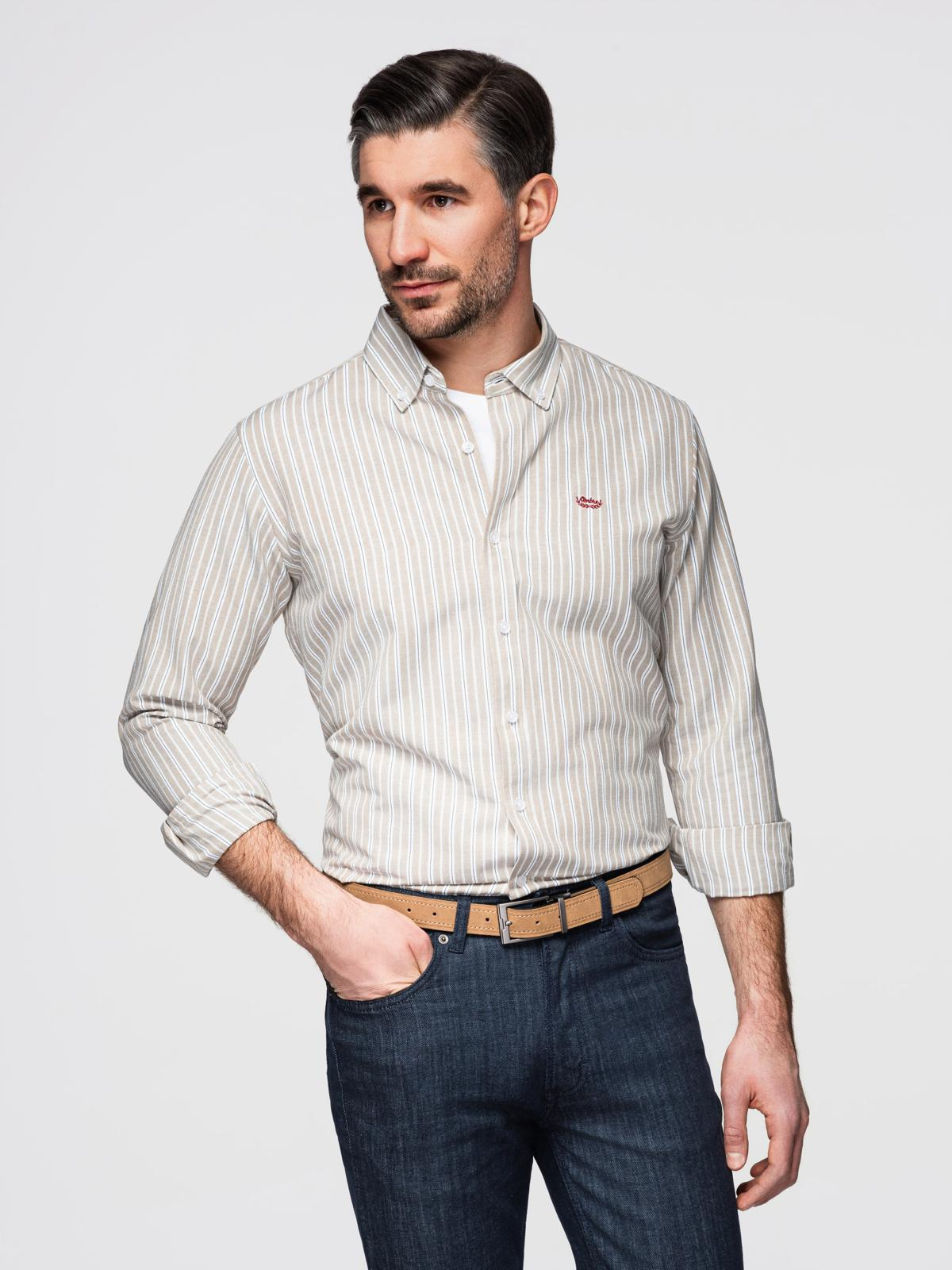 Ombre Men's cotton REGULAR FIT shirt with fine stripes - beige