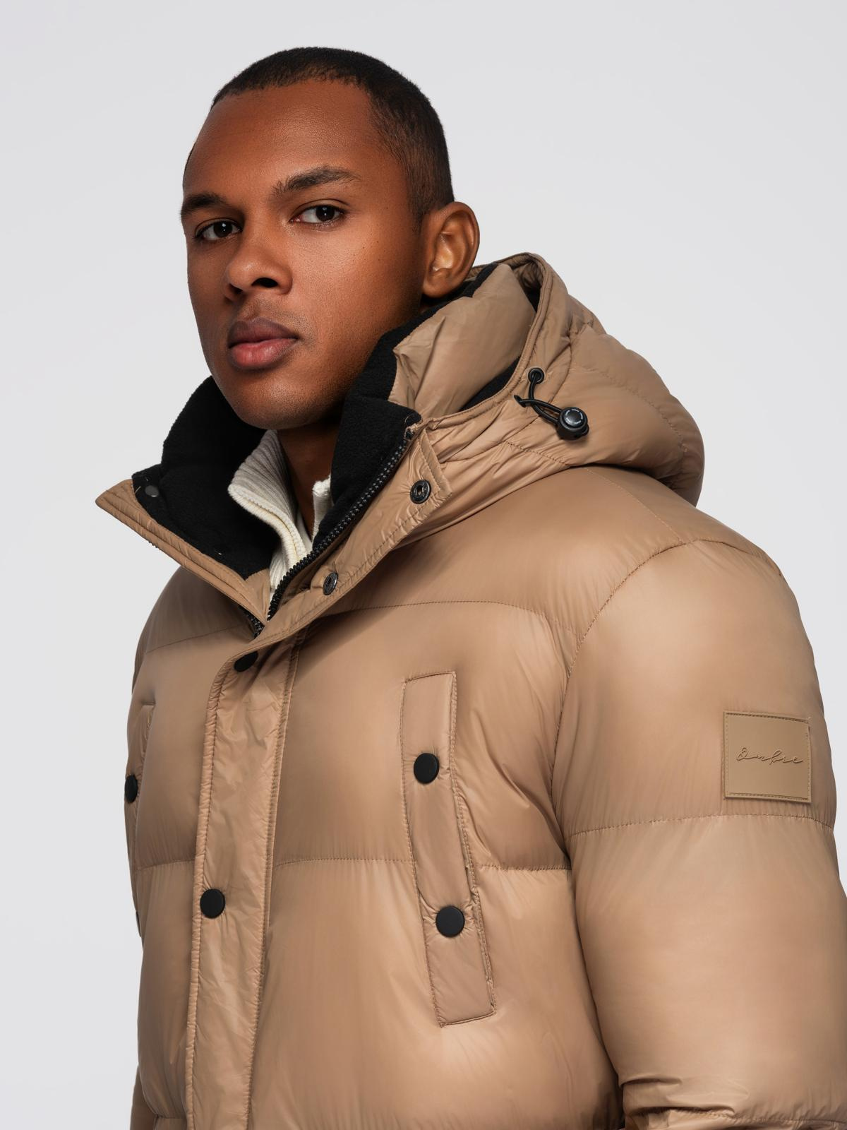 Ombre Men&#039;s long puffer jacket with snap pockets - brown