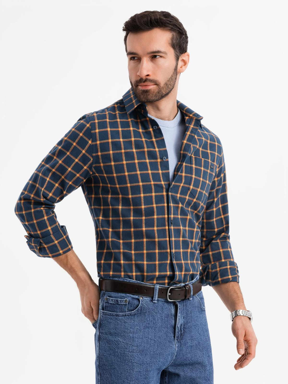 Ombre Men&#039;s plaid flannel shirt SLIM FIT - navy blue and orange