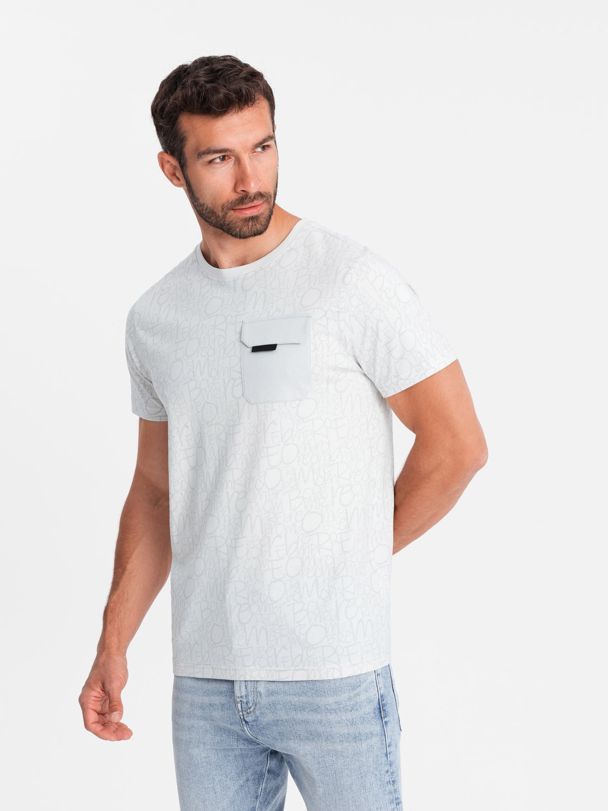 Ombre Men's cotton t-shirt with letter print and pocket - white-gray