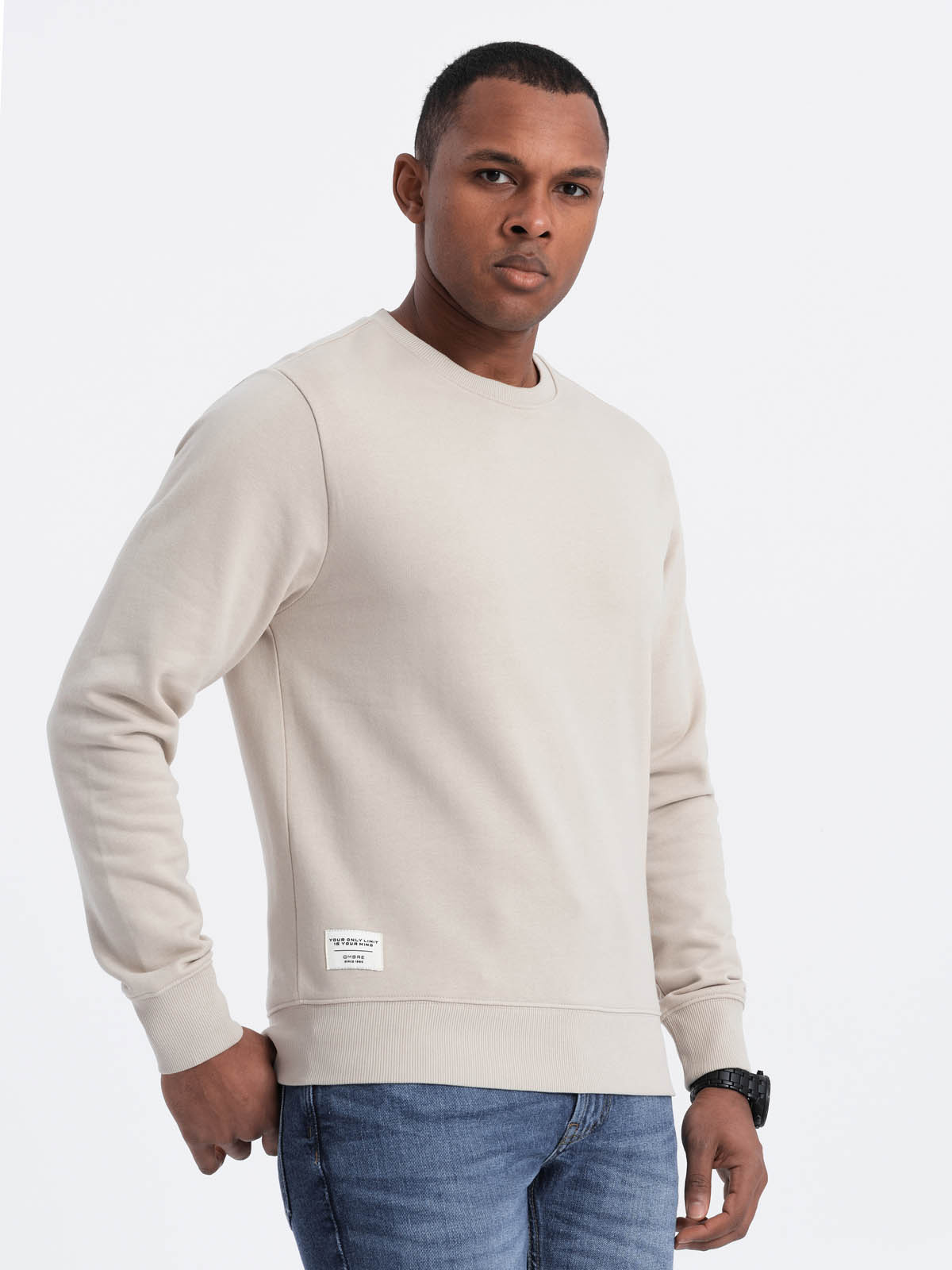 Ombre Men's BASIC Sweatshirt With Round Neckline - Light Beige