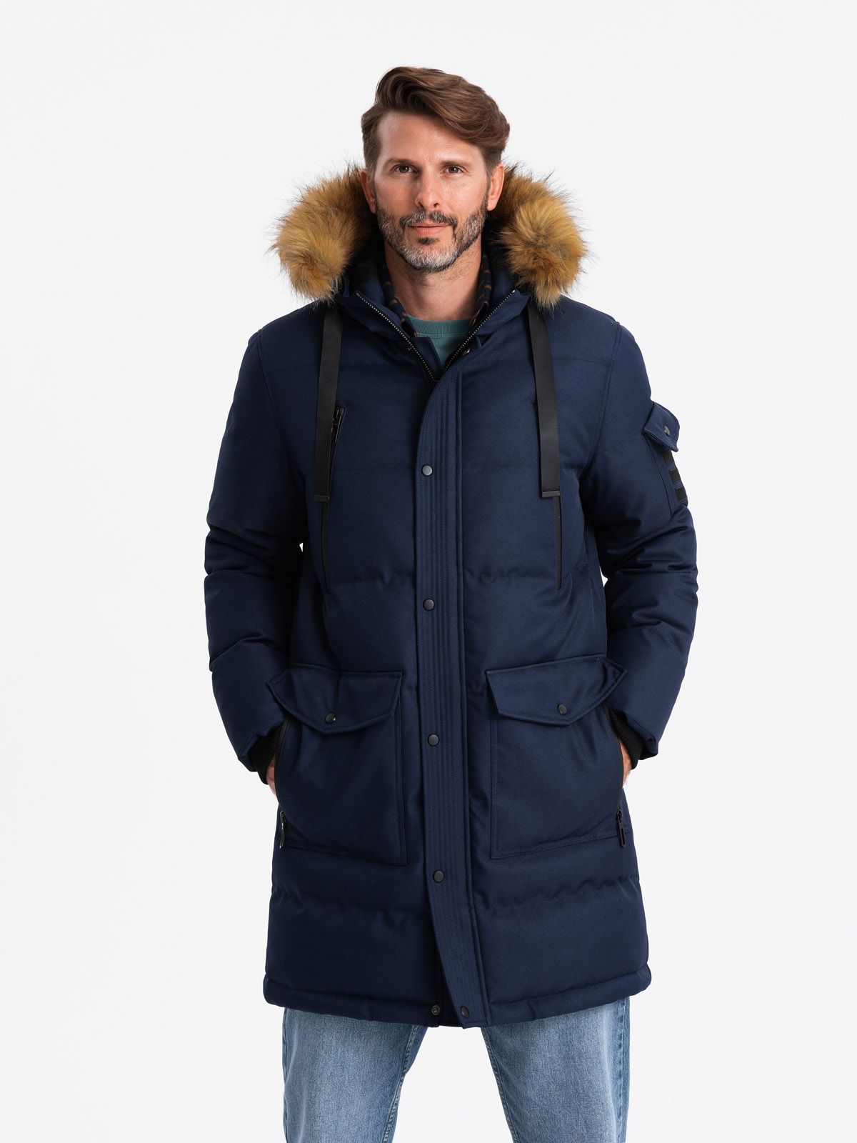 Ombre Men&#039;s long warm parka hooded jacket - navy blue