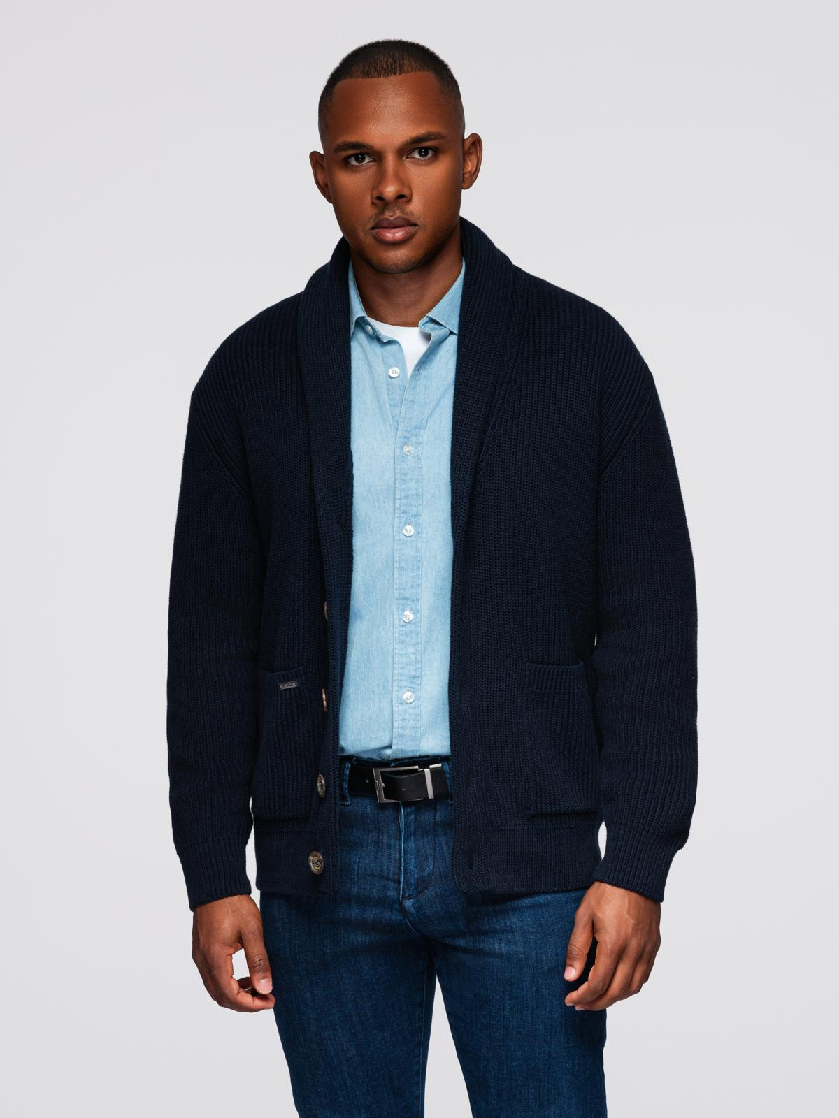Ombre Men's cotton cardigan sweater with shawl collar - navy blue