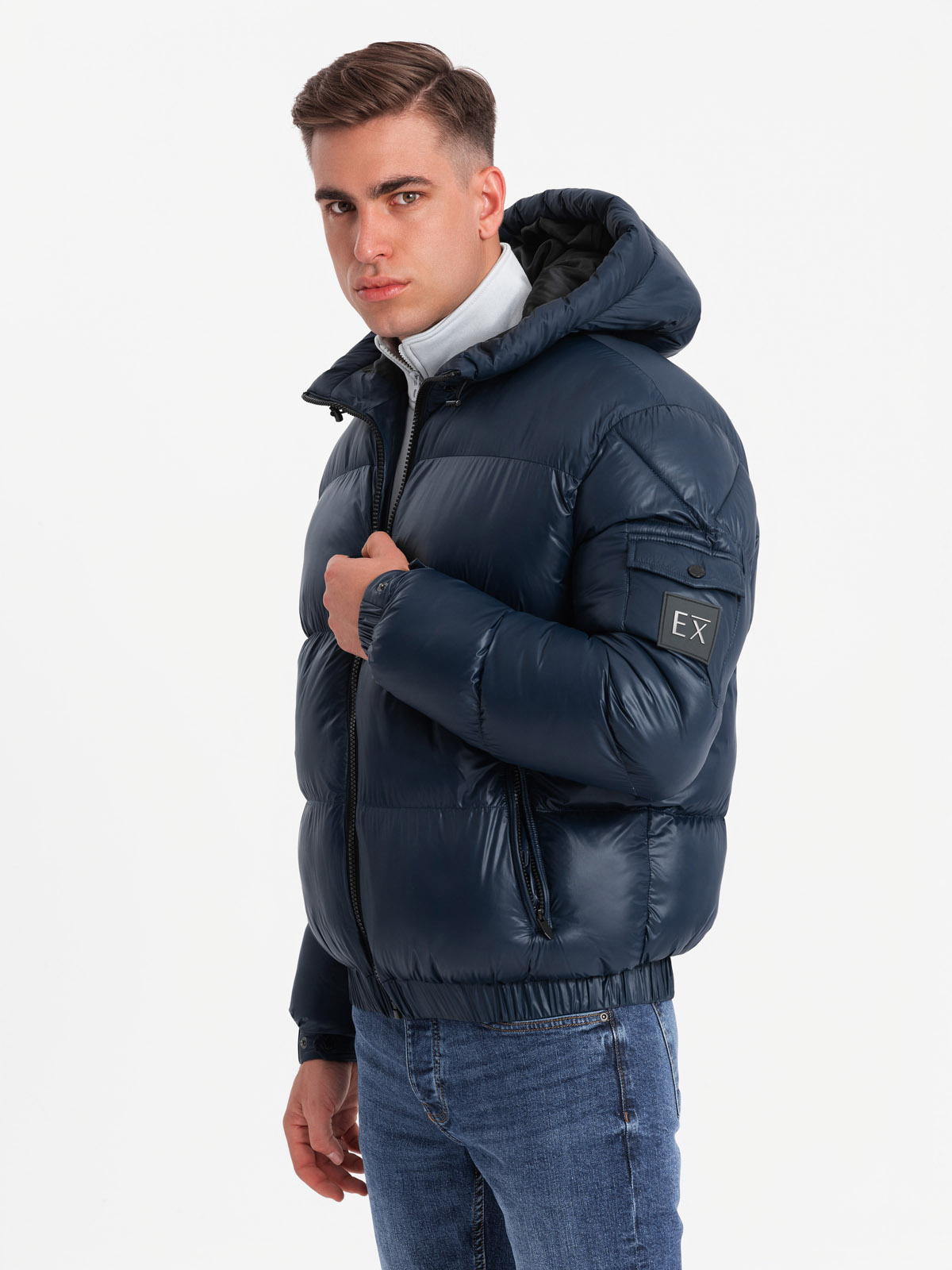 Ombre Warm men&#039;s puffer jacket with welts - navy blue
