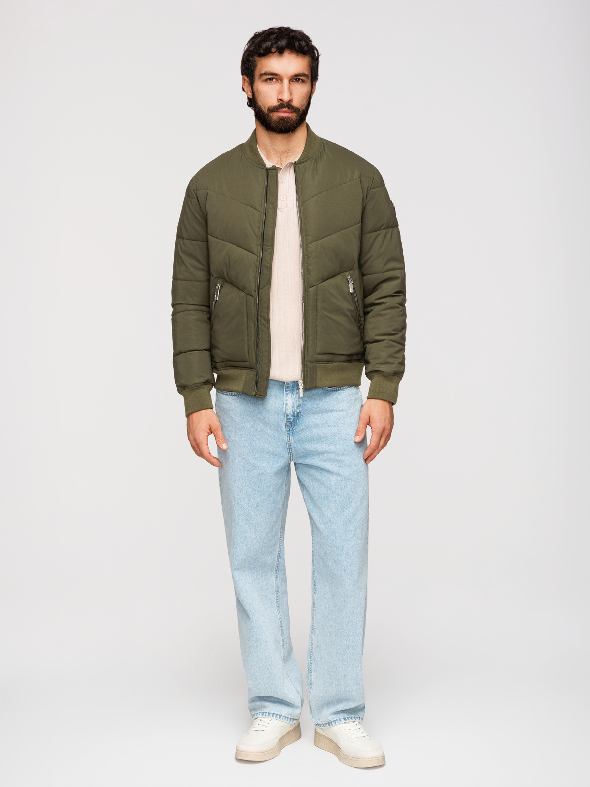 Ombre Men's quilted bomber jacket with metal zippers - dark olive green