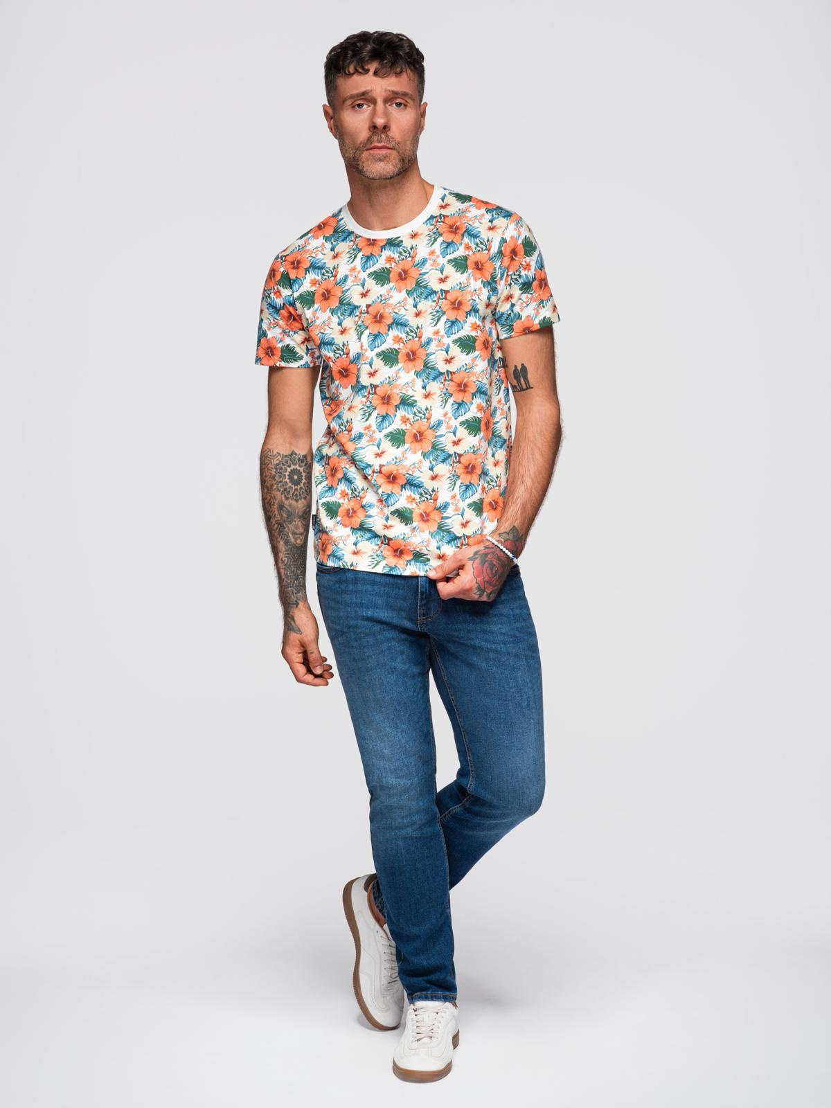 Ombre Men's cotton t-shirt with floral full print pattern - white
