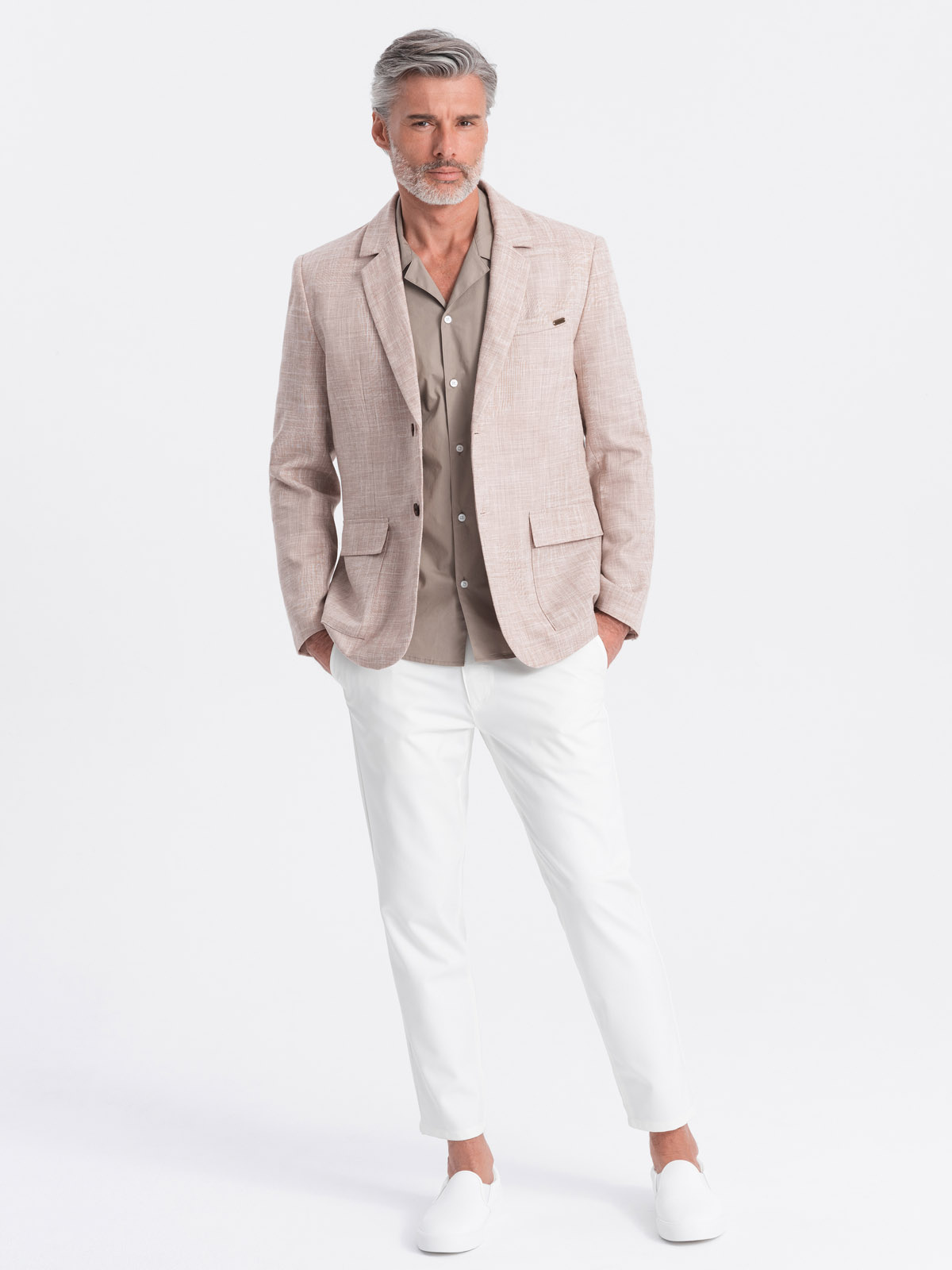 Ombre Men's REGULAR Cut Jacket With Linen - Light Beige