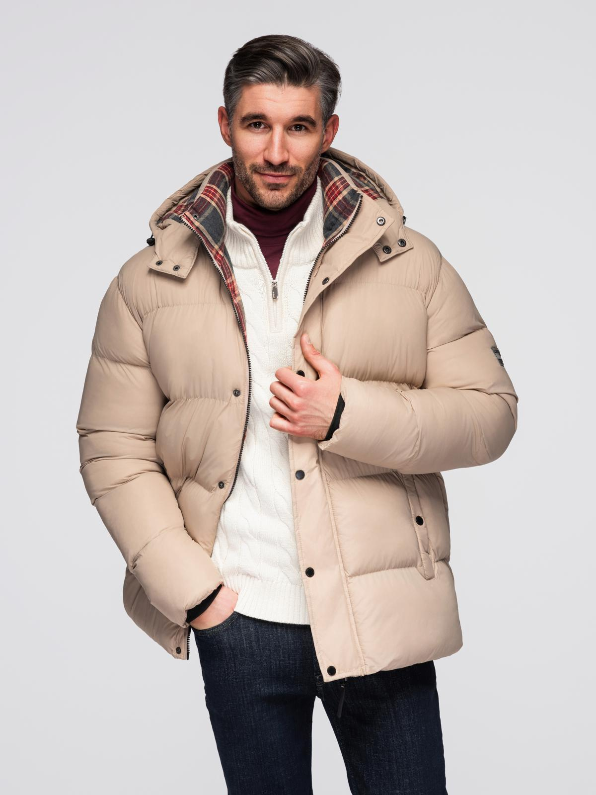 Ombre Men&#039;s puffer jacket with check lining - beige