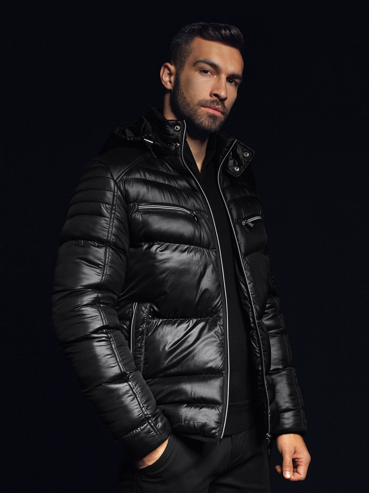 Ombre Men&#039;s winter quilted jacket with decorative zippers - black