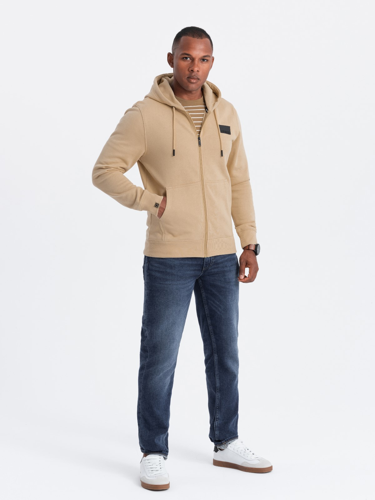 Ombre Men&#039;s unbuttoned sweatshirt with hood and patch - sand