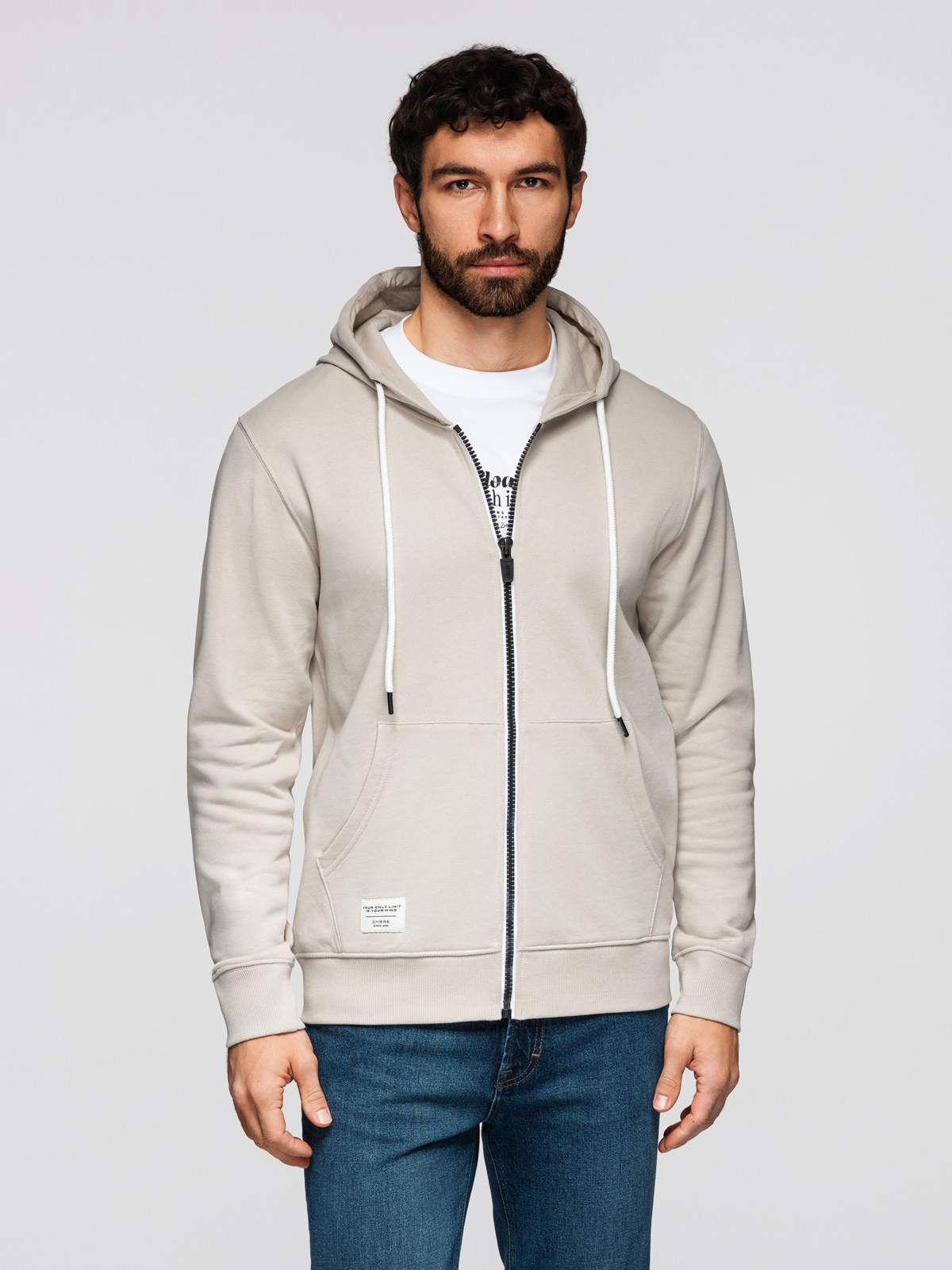 Ombre Men's BASIC cotton sweatshirt with hood - light beige