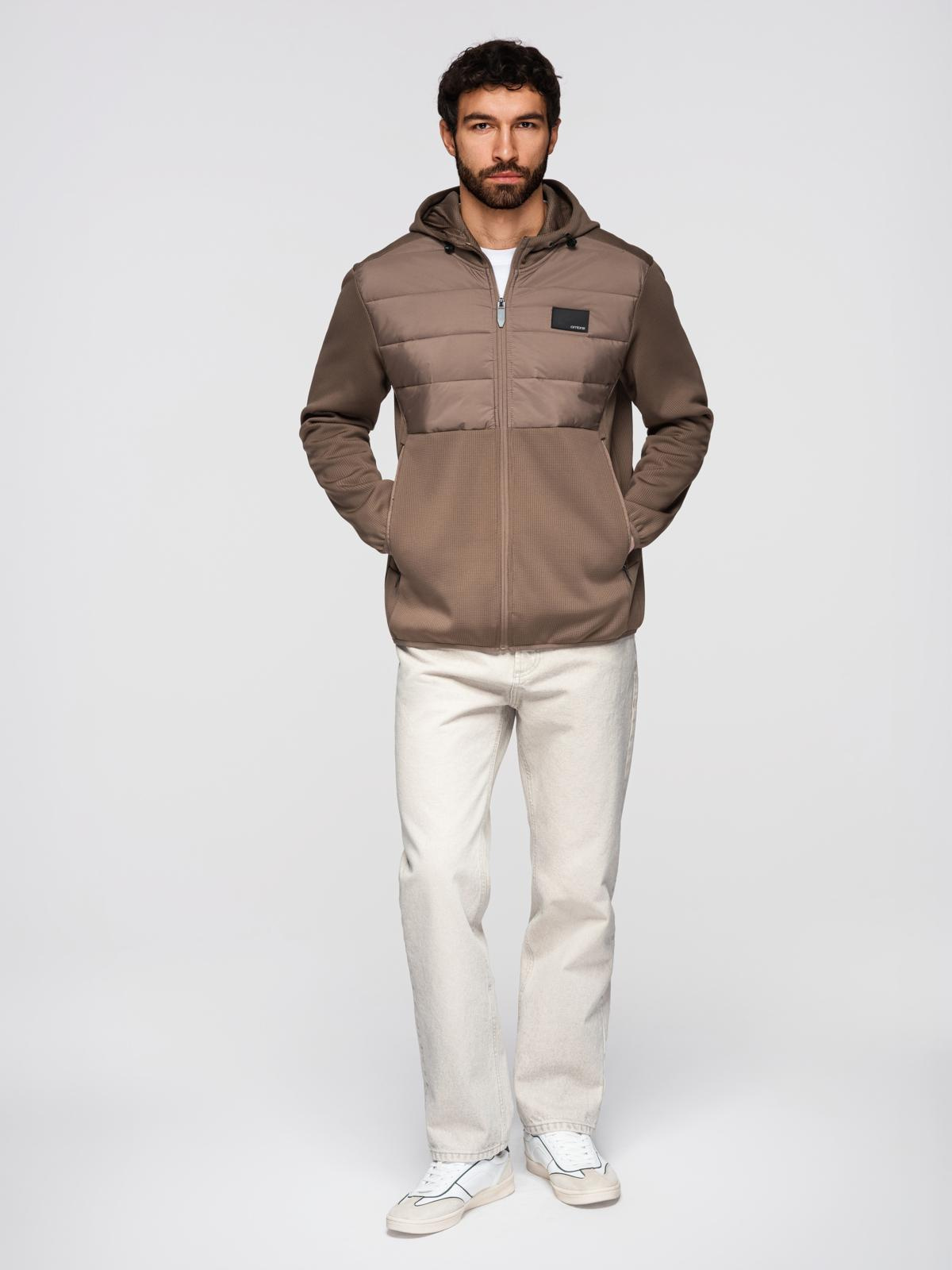 Ombre Men's lightweight jacket of combined materials with hood and decorative quilting - light brown