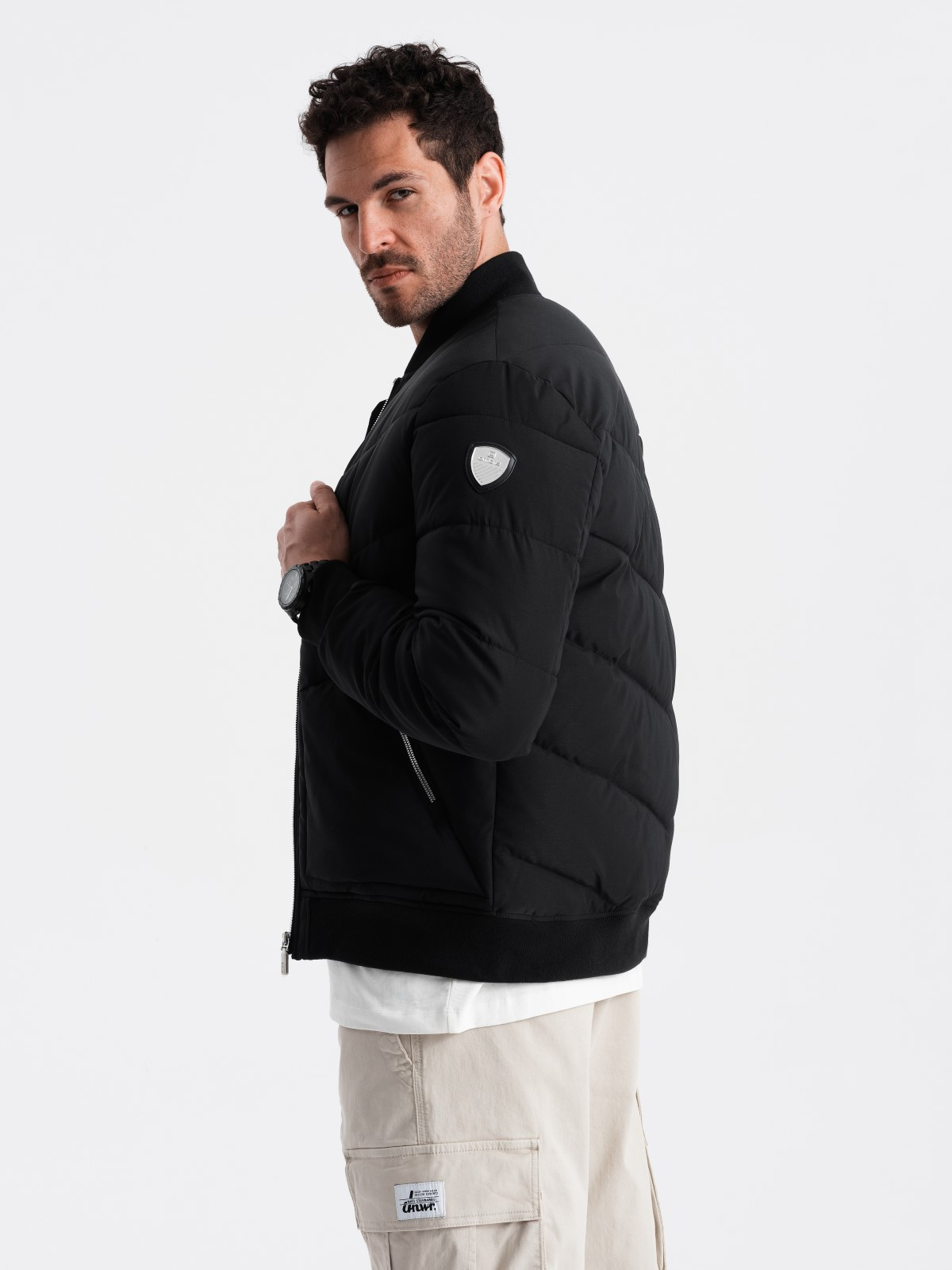 Ombre Men&#039;s quilted bomber jacket with metal zippers - black