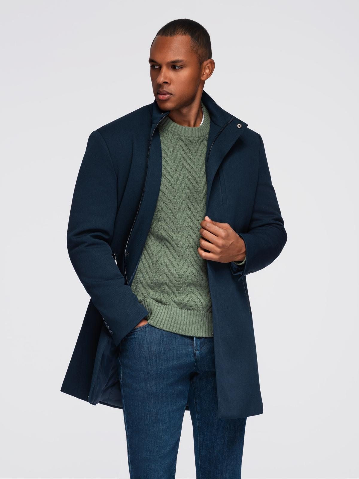 Ombre Men&#039;s tailored structured coat with high collar - navy blue