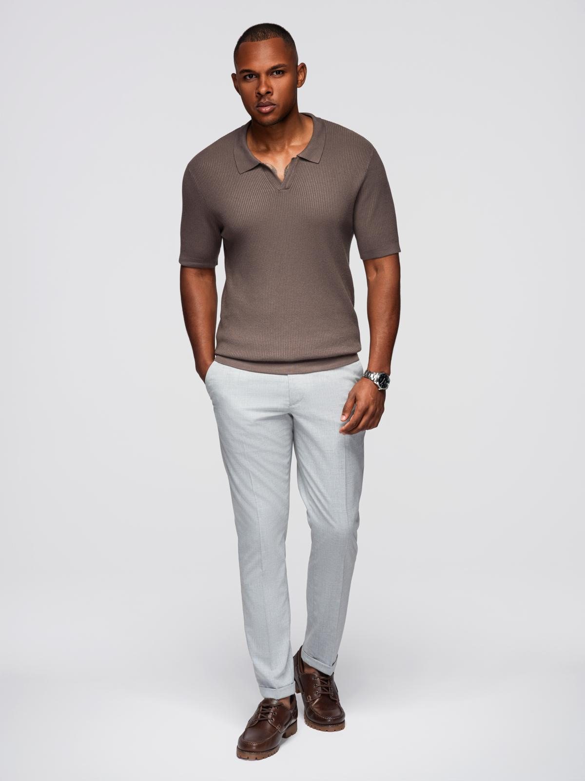 Ombre Men's buttonless polo shirt with open collar - ash