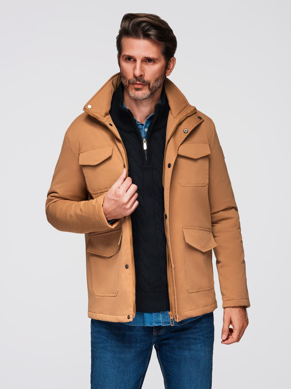 Ombre Men&#039;s lightweight jacket with pockets and high collar - brown