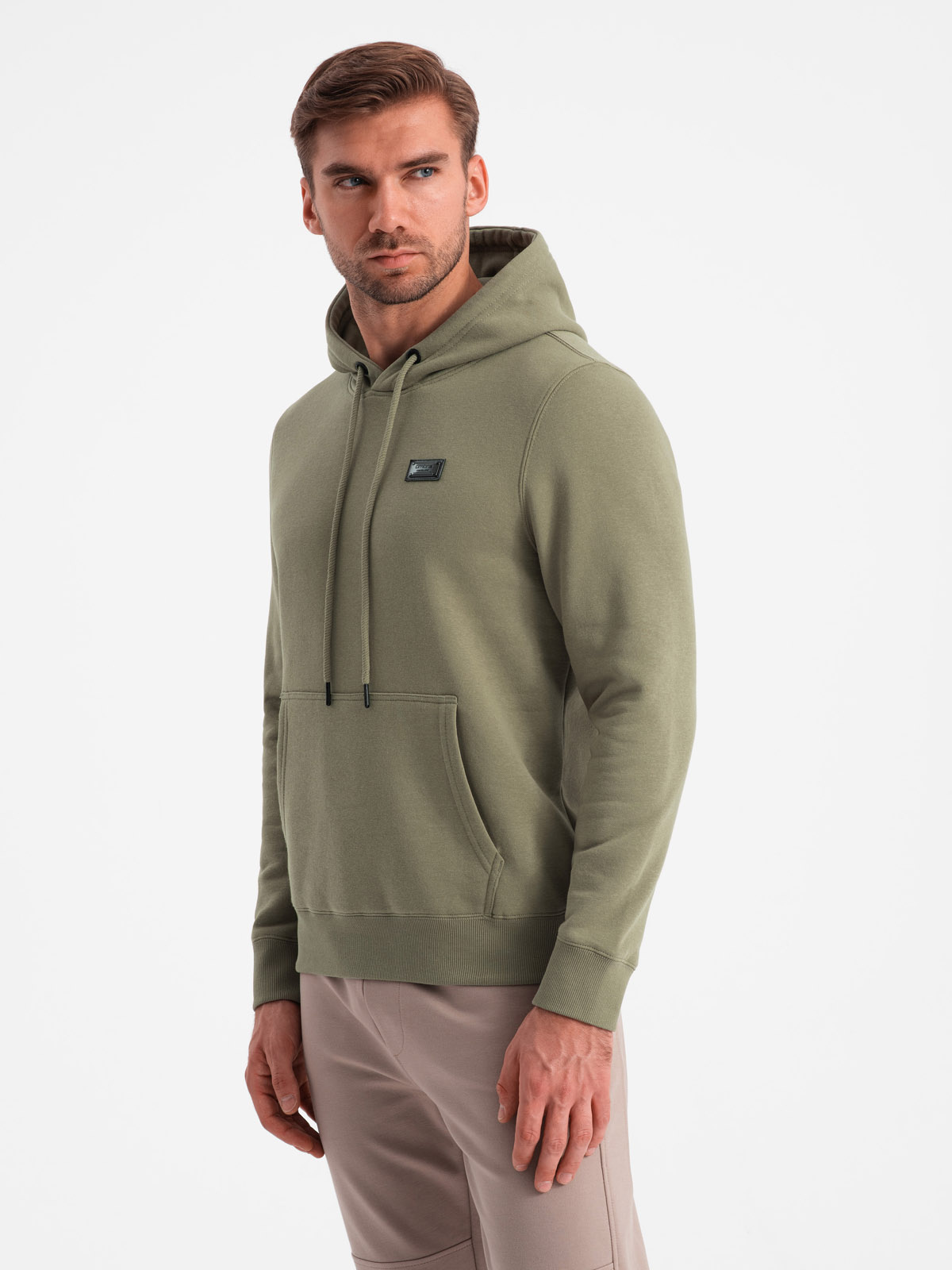 Ombre Men's kangaroo sweatshirt with hood and metal pin - olive