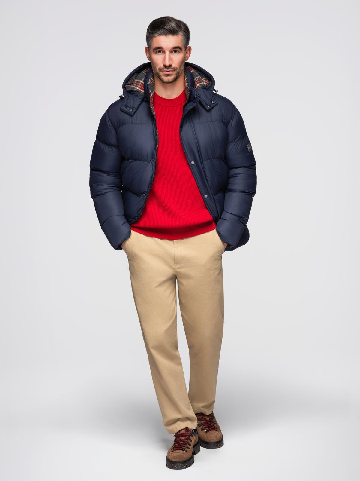 Ombre Men&#039;s puffer jacket with check lining - navy blue