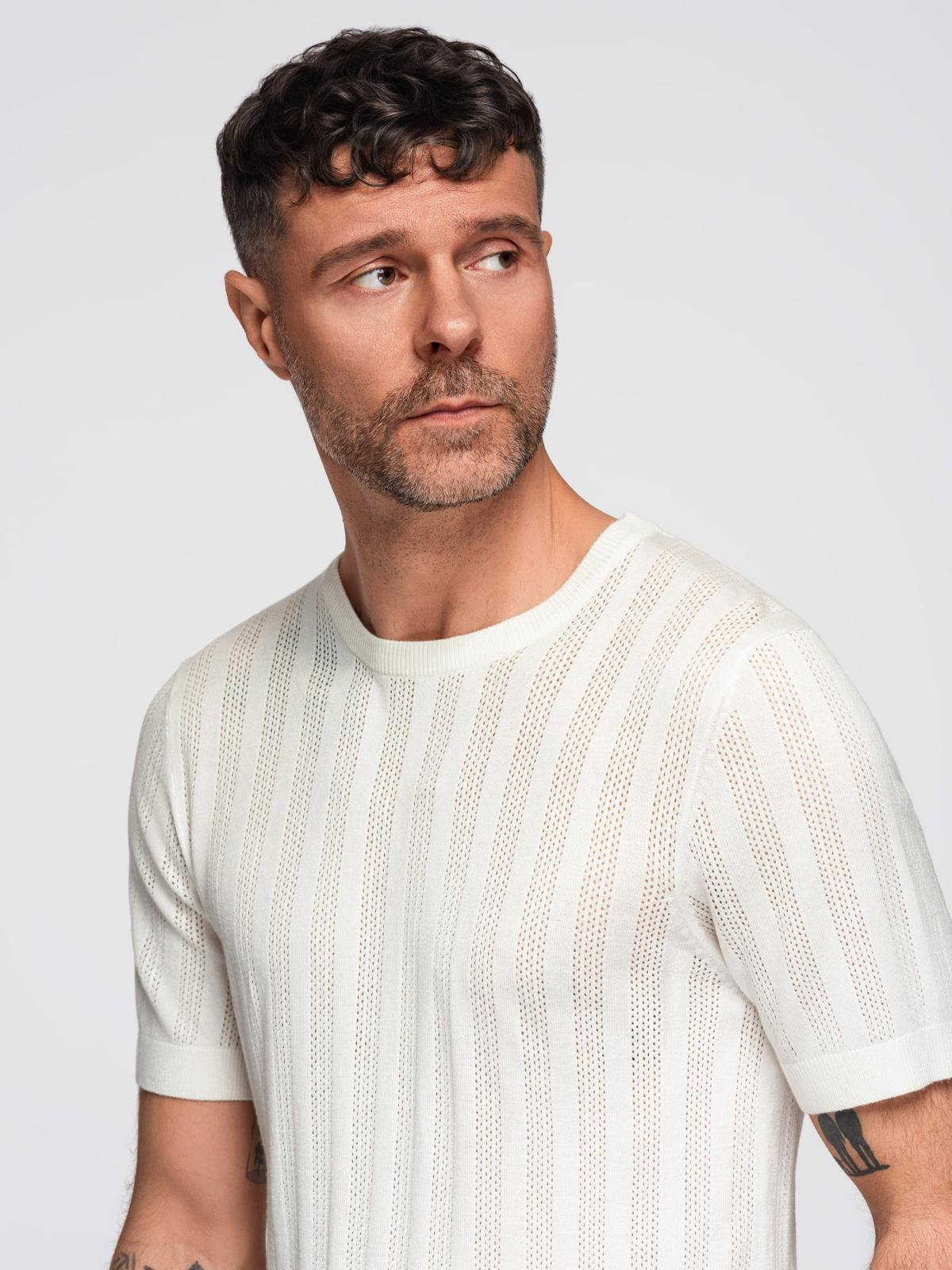 Ombre Men's openwork sweater with round neckline and short sleeves - white