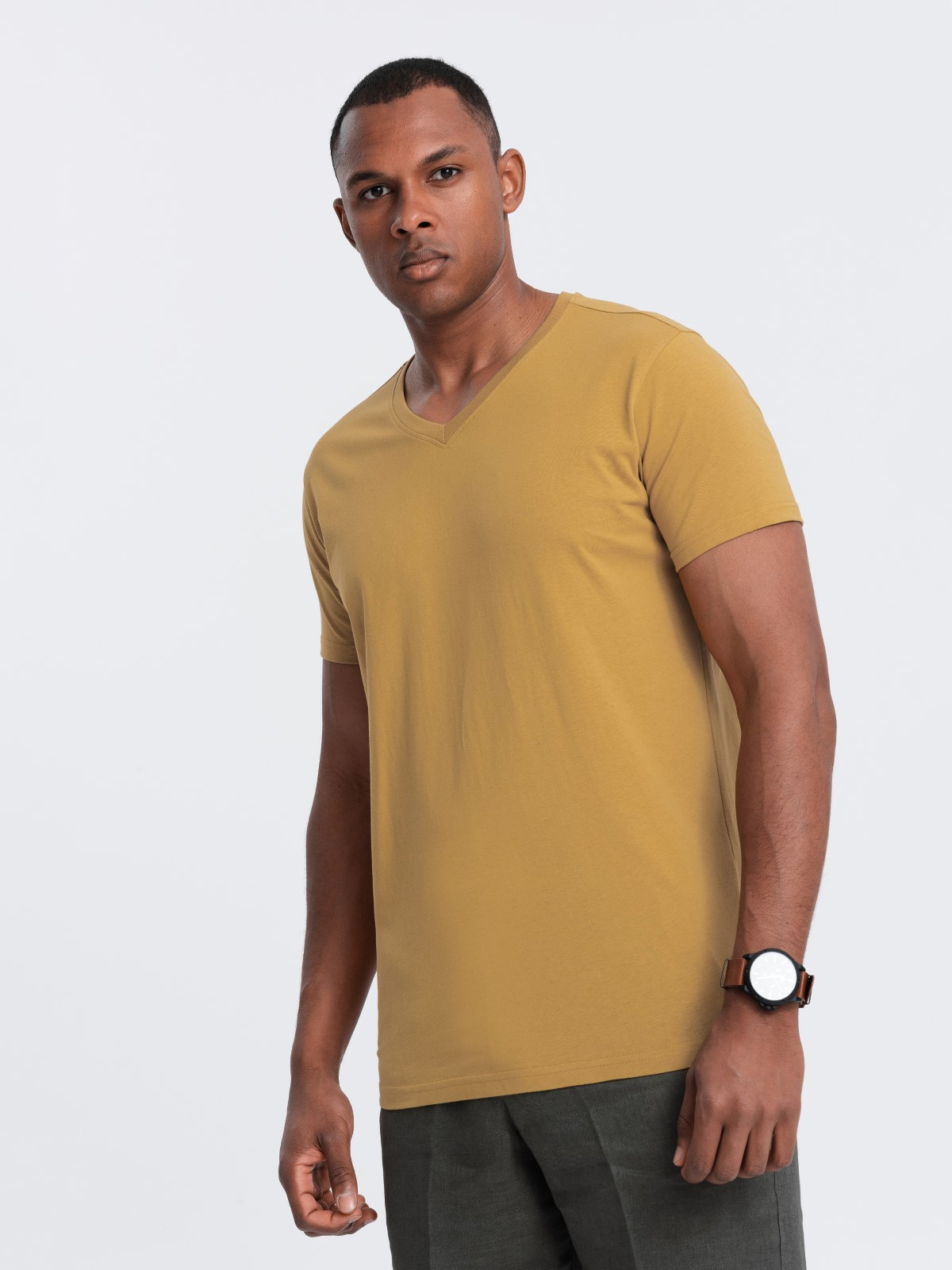 Ombre BASIC men's classic cotton T-shirt with a serape neckline - mustard