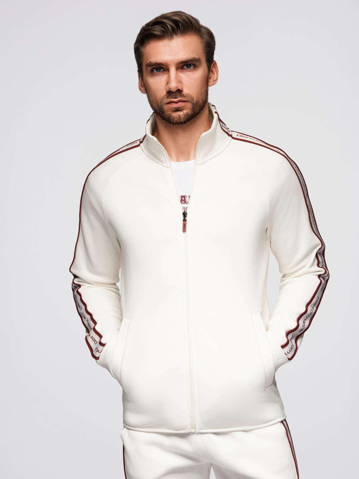 Ombre Men's unbuttoned sweatshirt with piping and high collar - cream