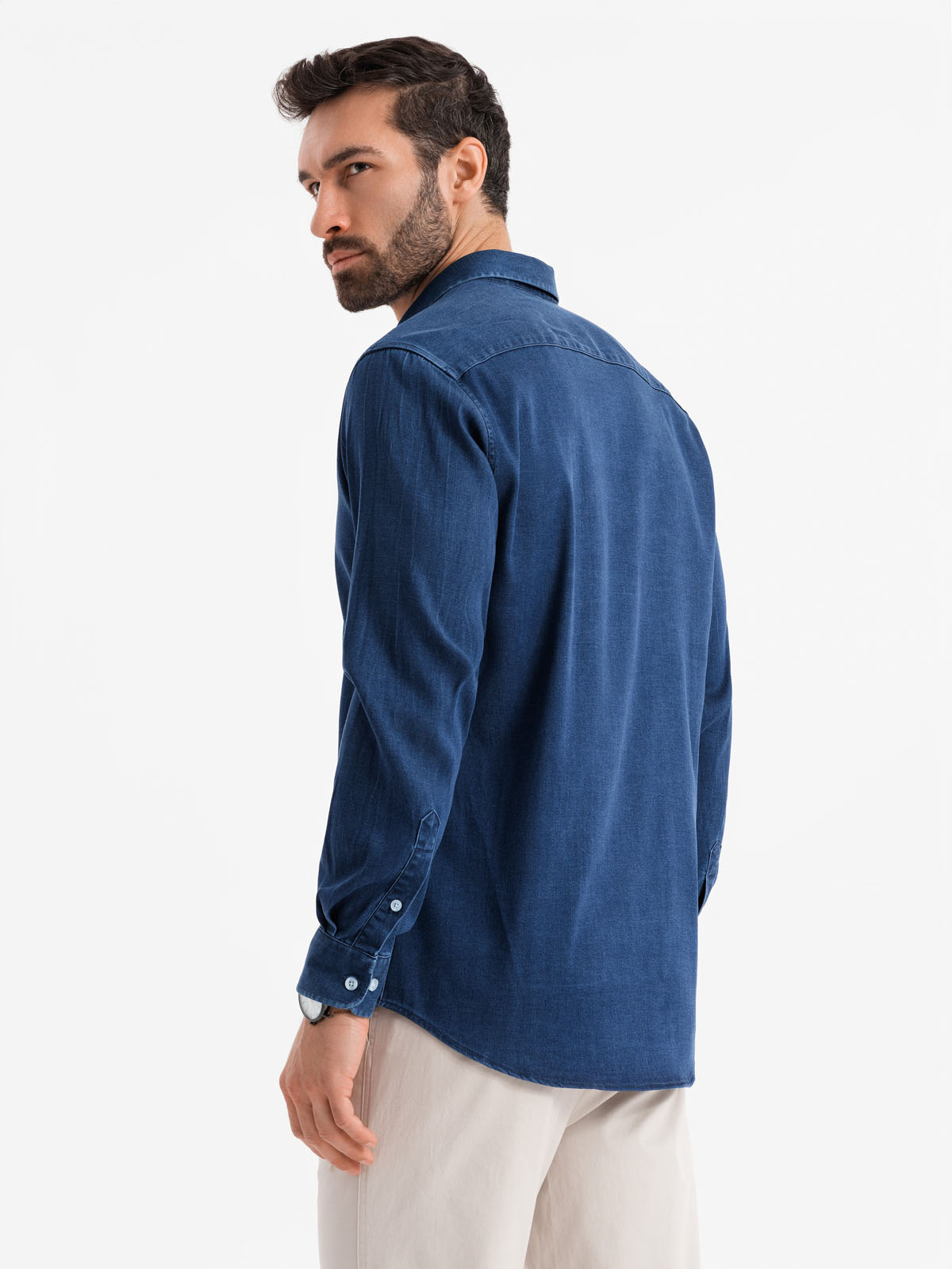 Ombre Men&#039;s denim shirt with lyocell and embroidery on chest - dark blue