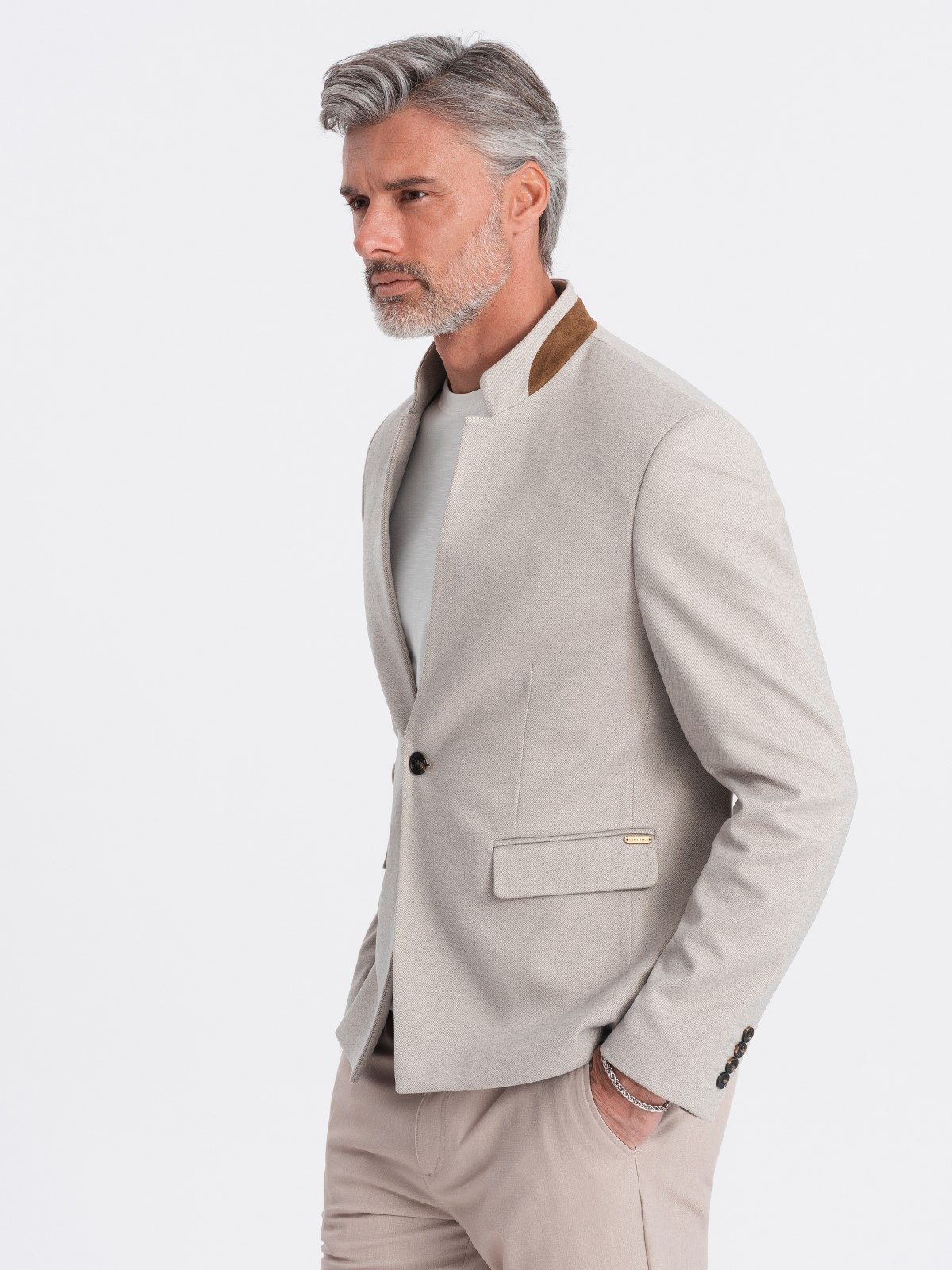 Ombre Men&#039;s melange rayon jacket with stand-up collar - beige melange