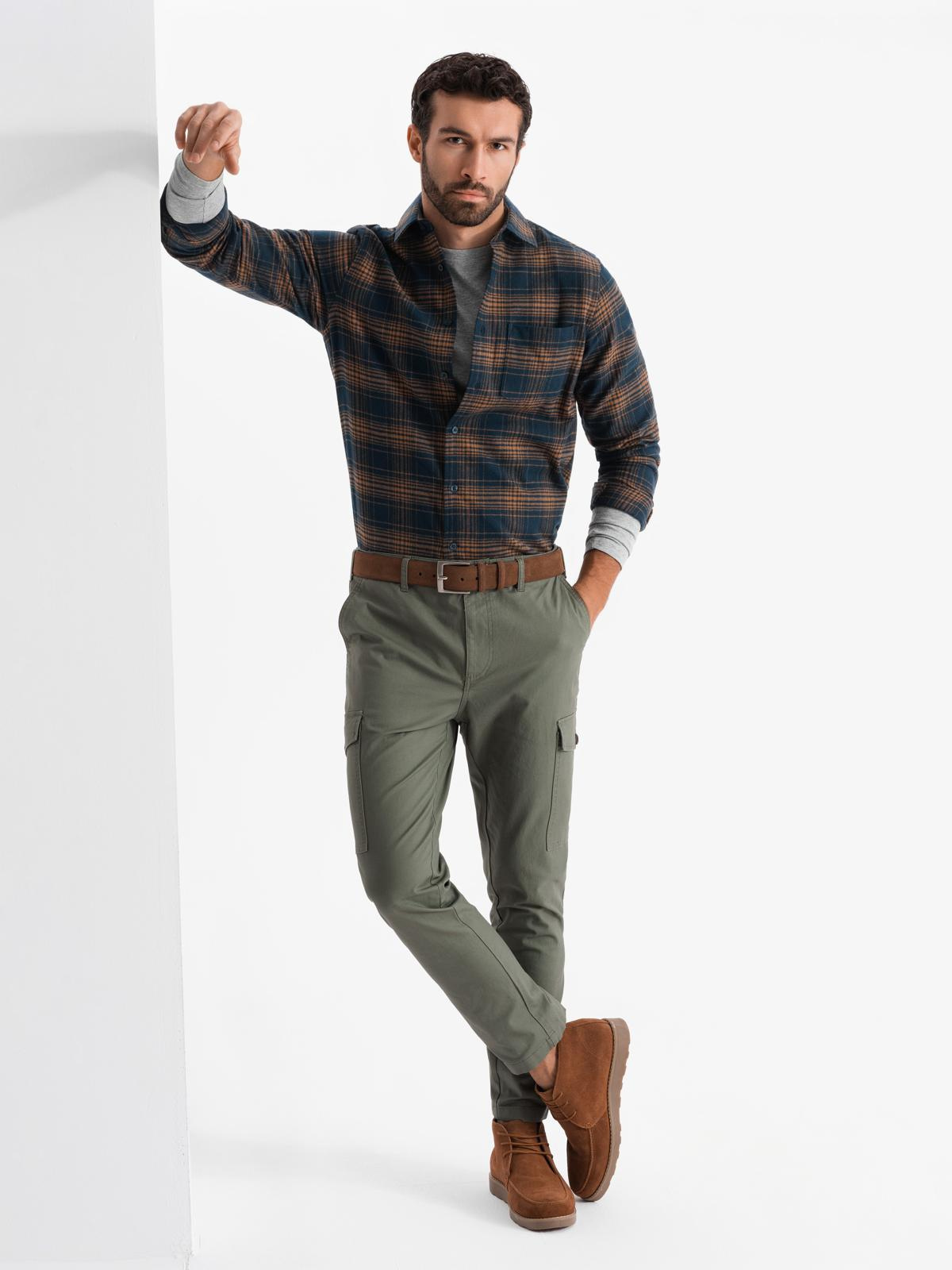 Ombre Men's checkered flannel shirt - navy blue and orange