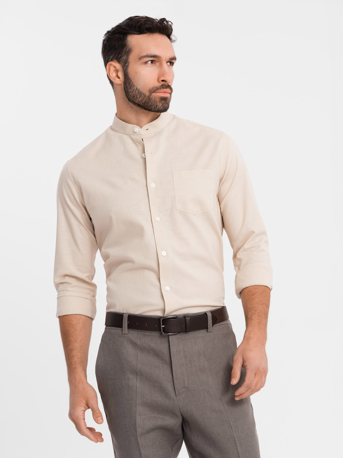 Ombre Men’s linen shirt with a stand-up collar and pocket, REGULAR FIT
