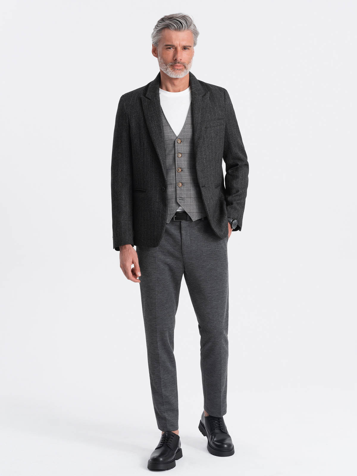 Ombre Stylish men&#039;s jacquard blazer with delicate stripes - graphite