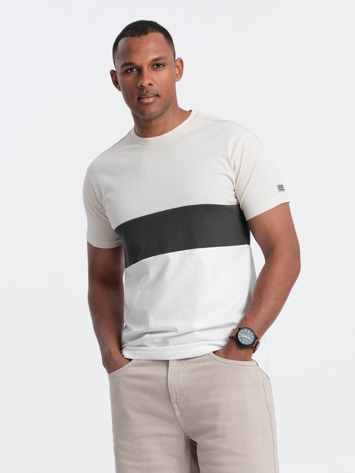 Ombre Men's Tricolor T-shirt With Wide Stripes - White