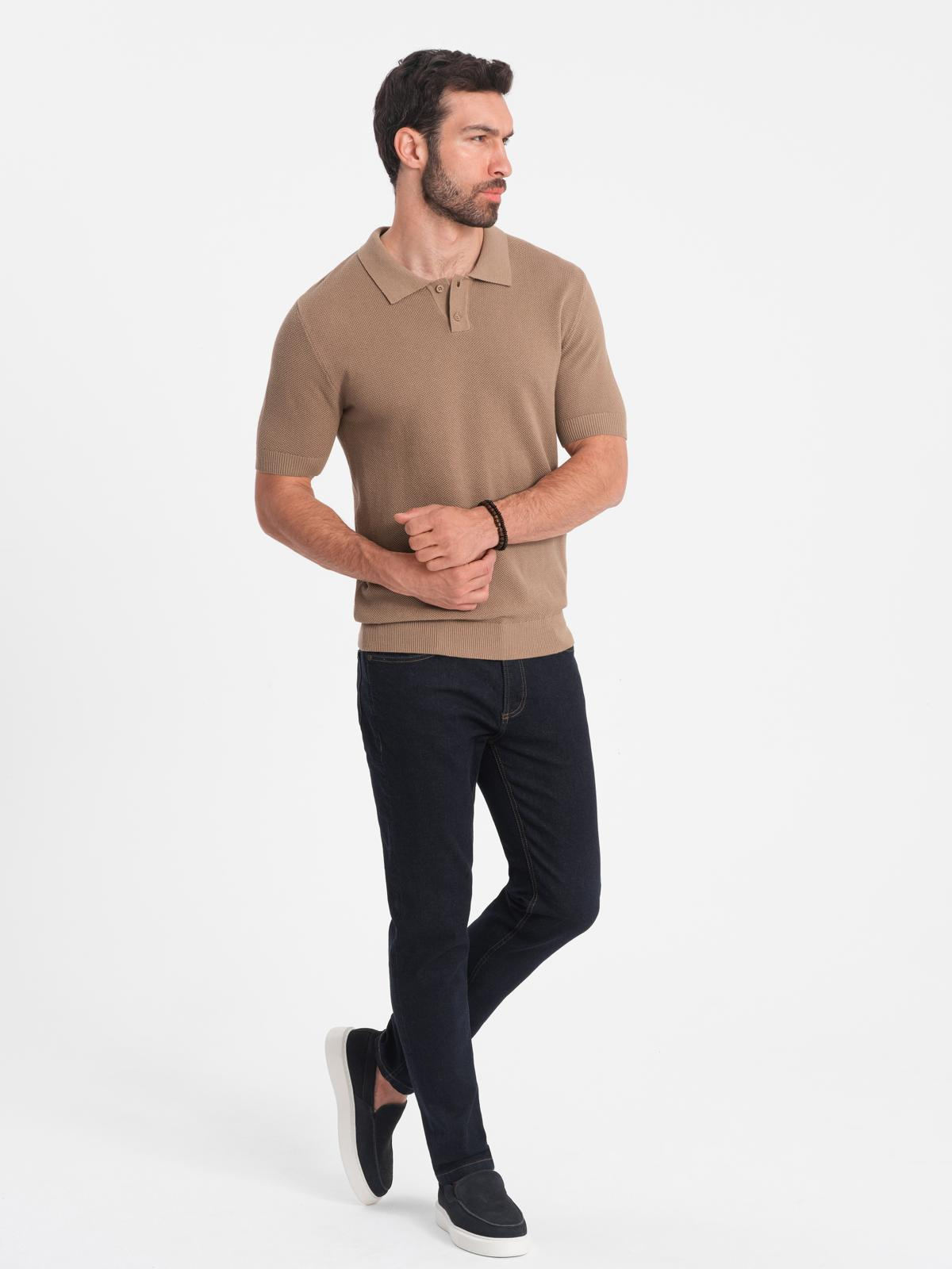 Ombre Men's cotton structured knit polo shirt - light brown