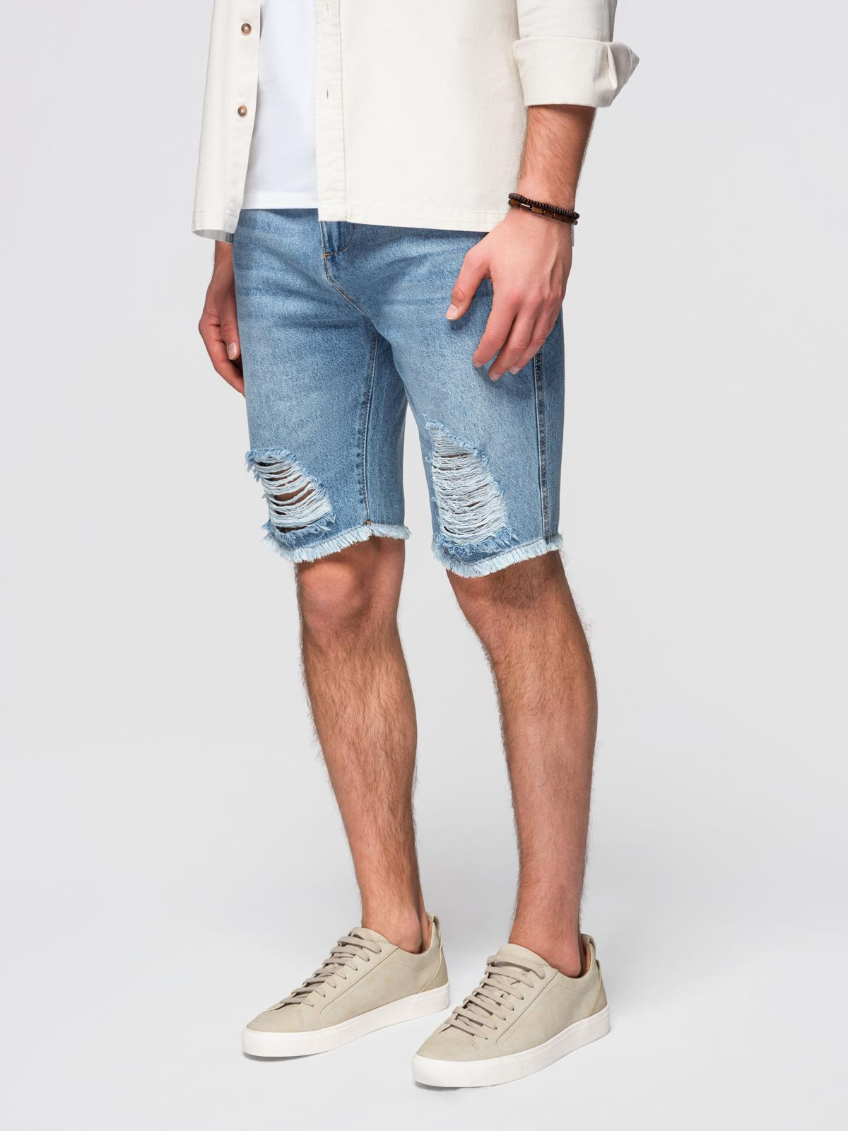 Ombre Men's short denim shorts with rips and holes - light blue