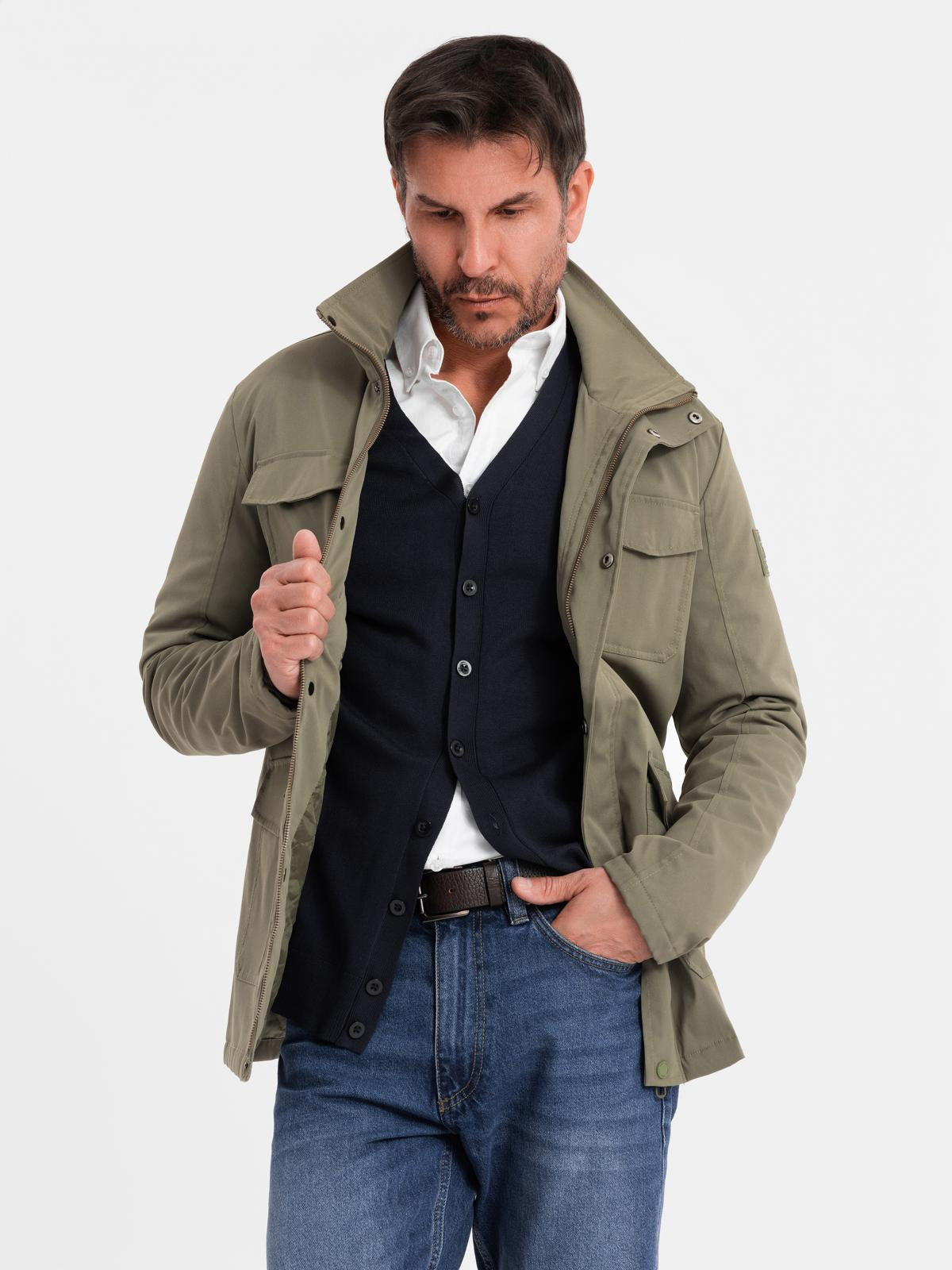 Ombre Men&#039;s lightweight jacket with pockets and high collar - khaki