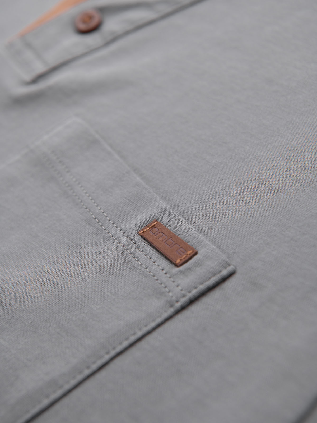 Ombre Men's t-shirt with button neckline and suede trim - grey