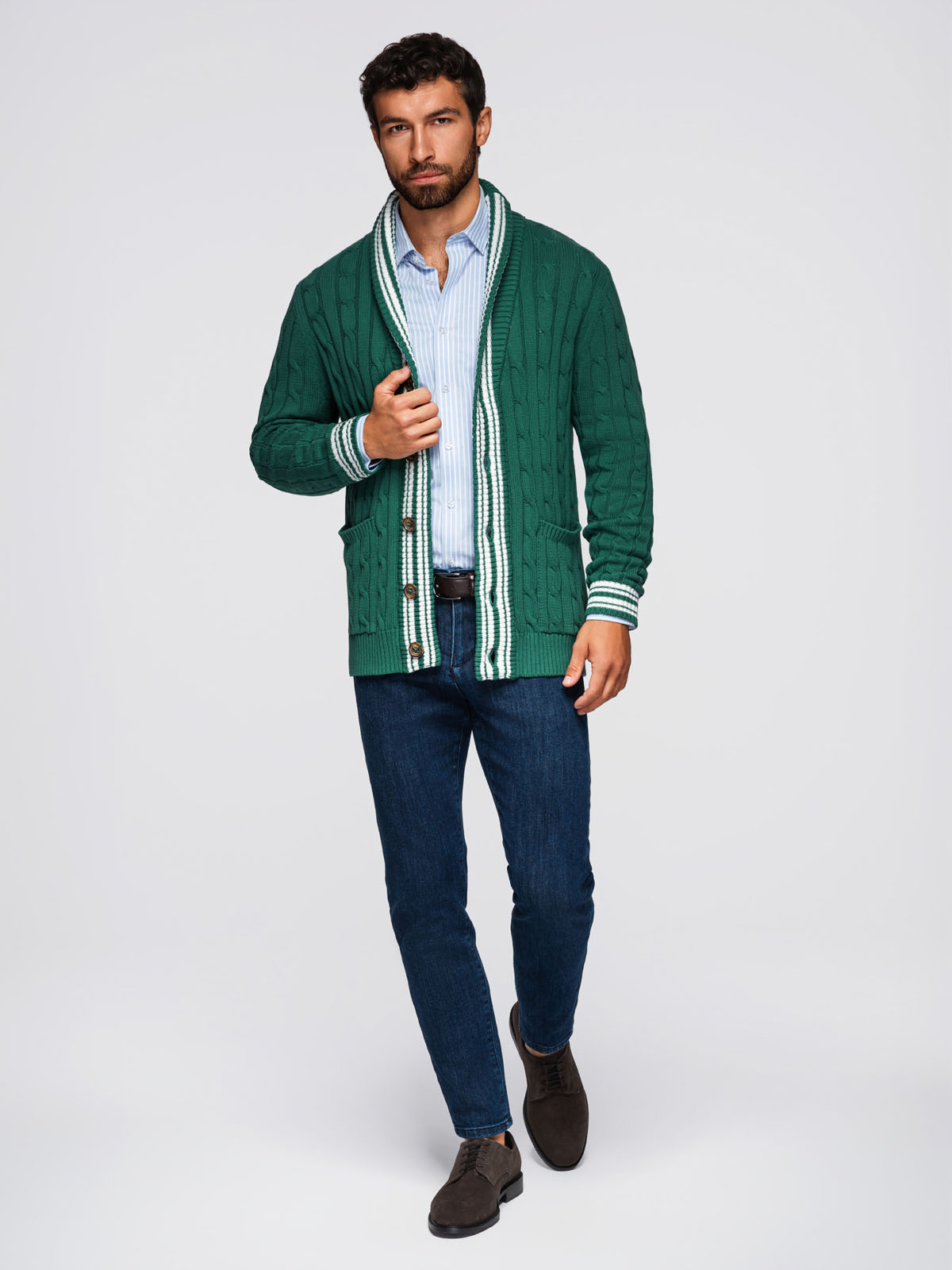 Ombre Men's cardigan sweater with shawl collar in preppy style - green
