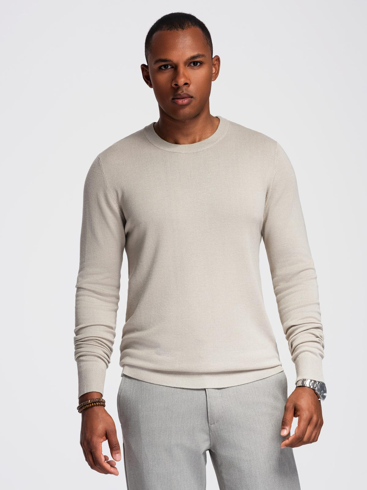 Ombre Men&#039;s sweater with round neckline in stretch knit with classic weave - beige