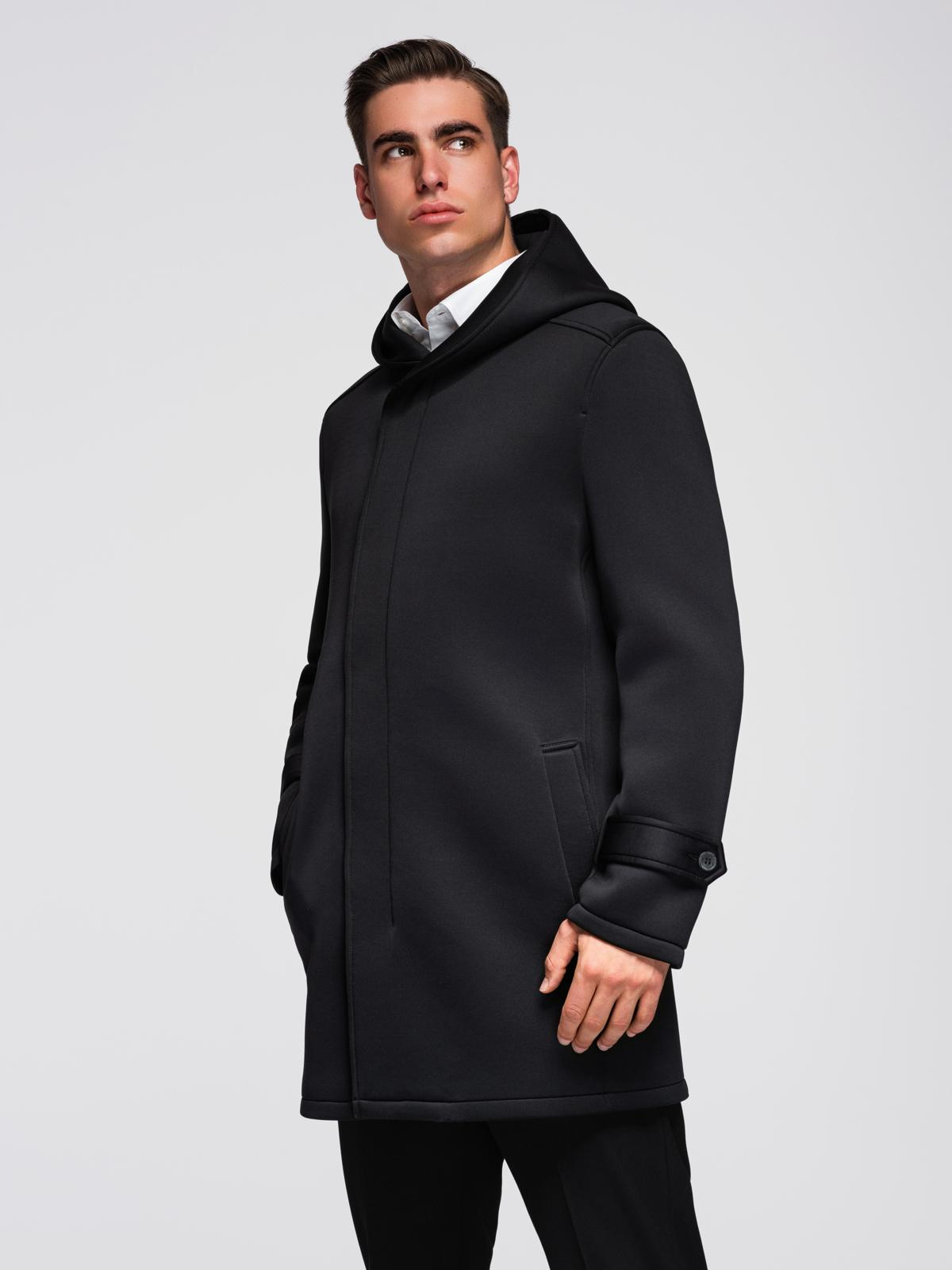 Ombre Men&#039;s minimalist medium length coat with hood - black