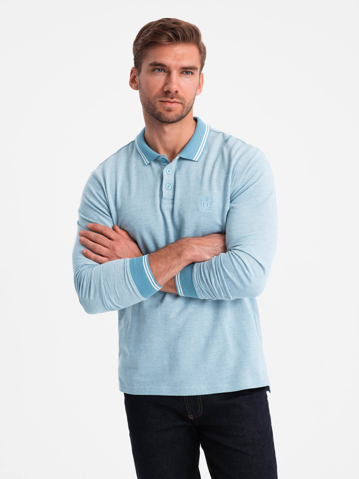 Ombre Men's Melange Polo Longsleeve With Embroidery - Blue Melange