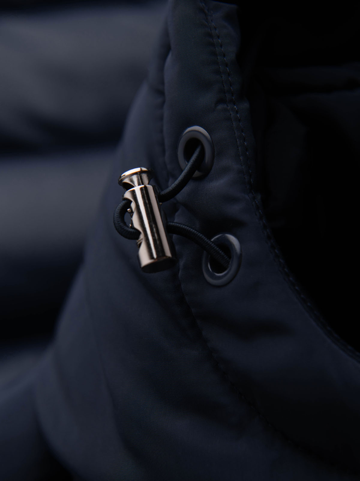 Ombre Men&#039;s quilted jacket with combined materials and hood - navy blue