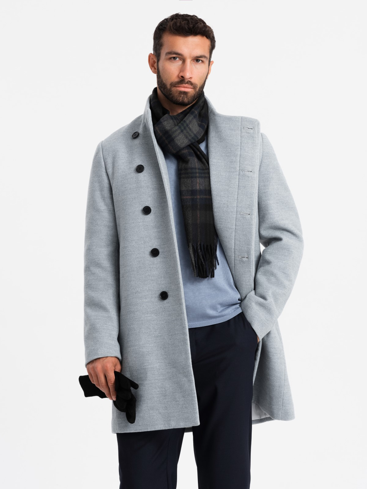 Ombre Men's coat with high collar and asymmetrical fastening - grey melange