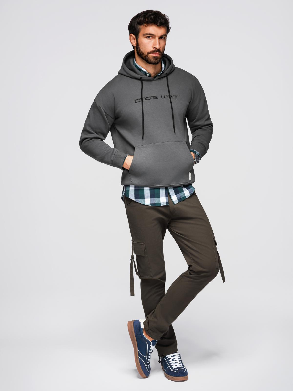 Ombre Men's kangaroo sweatshirt with embroidery and hood - graphite