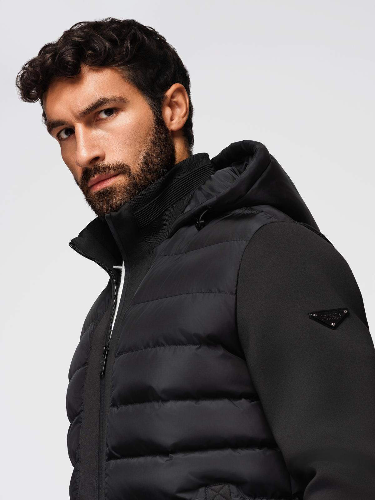 Ombre Quilted bomber jacket with hood and knitted sleeves - black