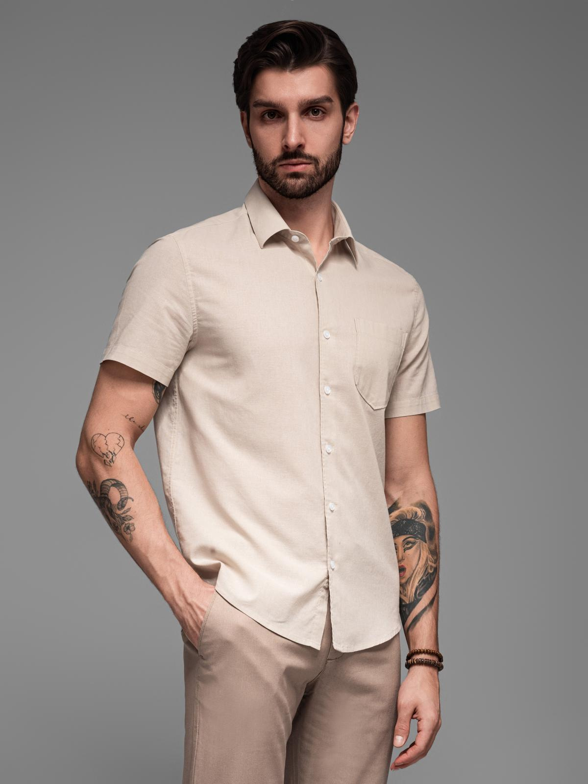 Ombre Men&#039;s short-sleeved linen-cotton shirt with pocket - beige